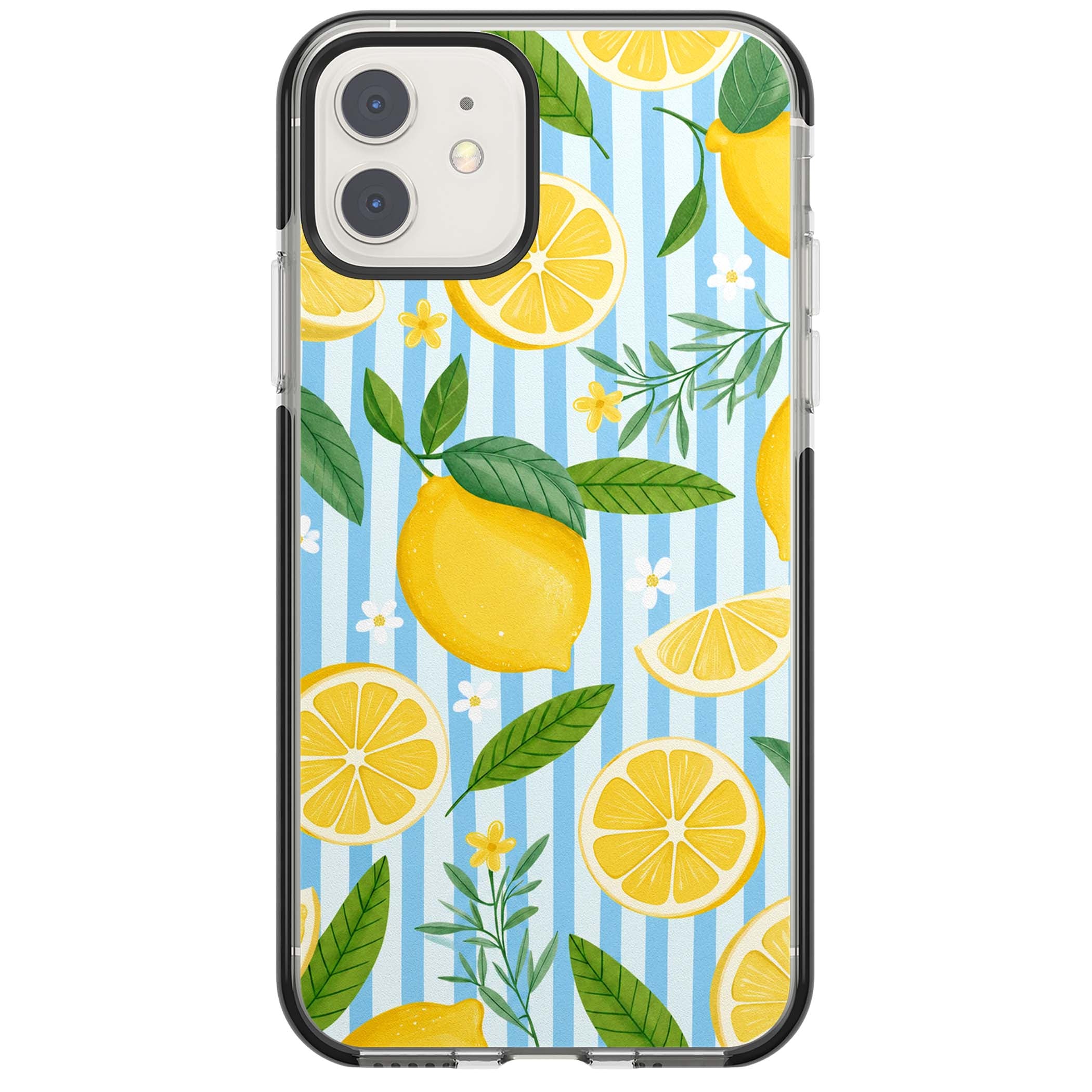 Capri Citrus Stripe coastal iPhone case featuring yellow lemons, blue stripes, and white daisy blossoms | Black Impact case for iPhone 11, iPhone 12