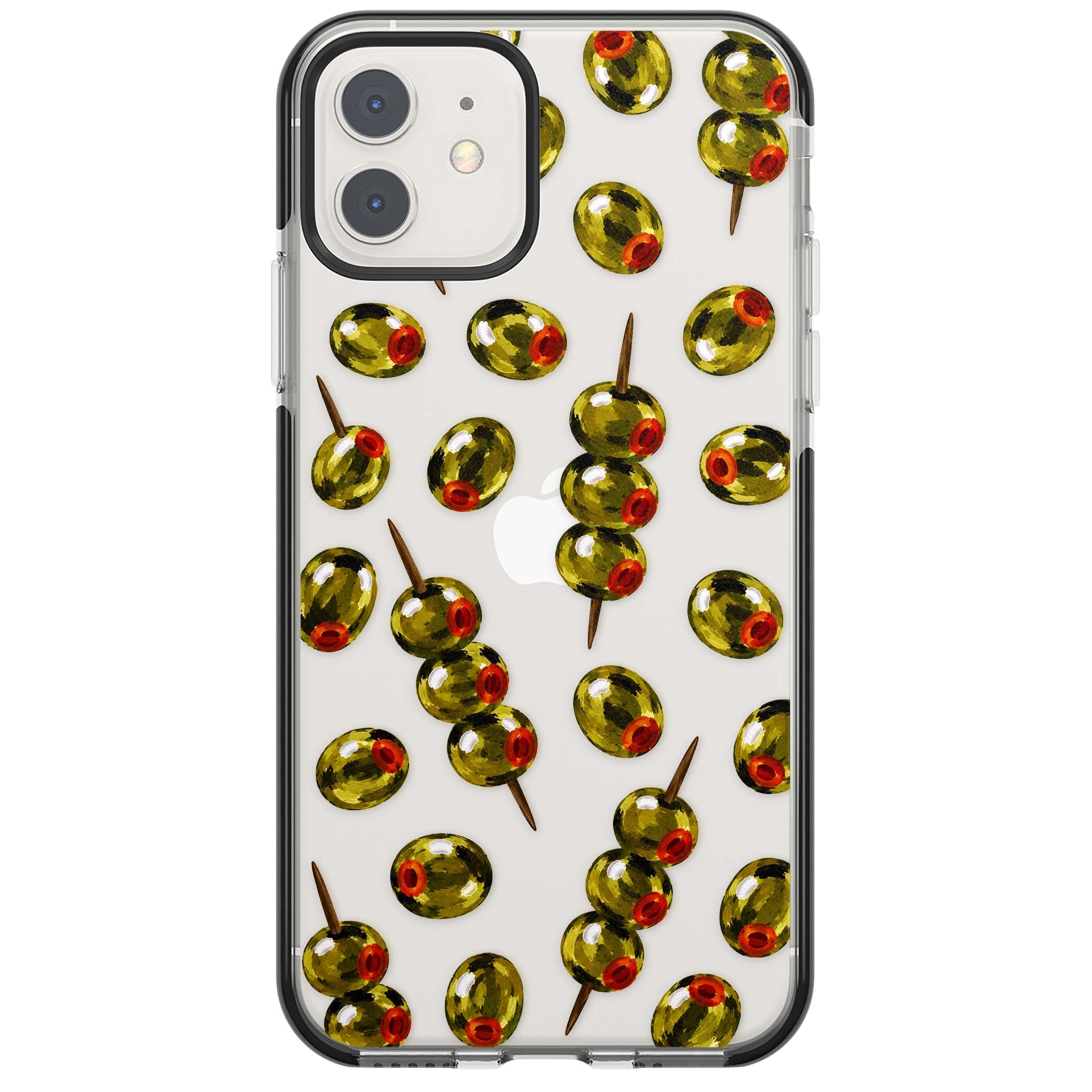 Painted Olives cocktail iPhone case featuring green olives, pimento centres and toothpick skewers on a clear background | Black Impact case for iPhone 11, iPhone 12