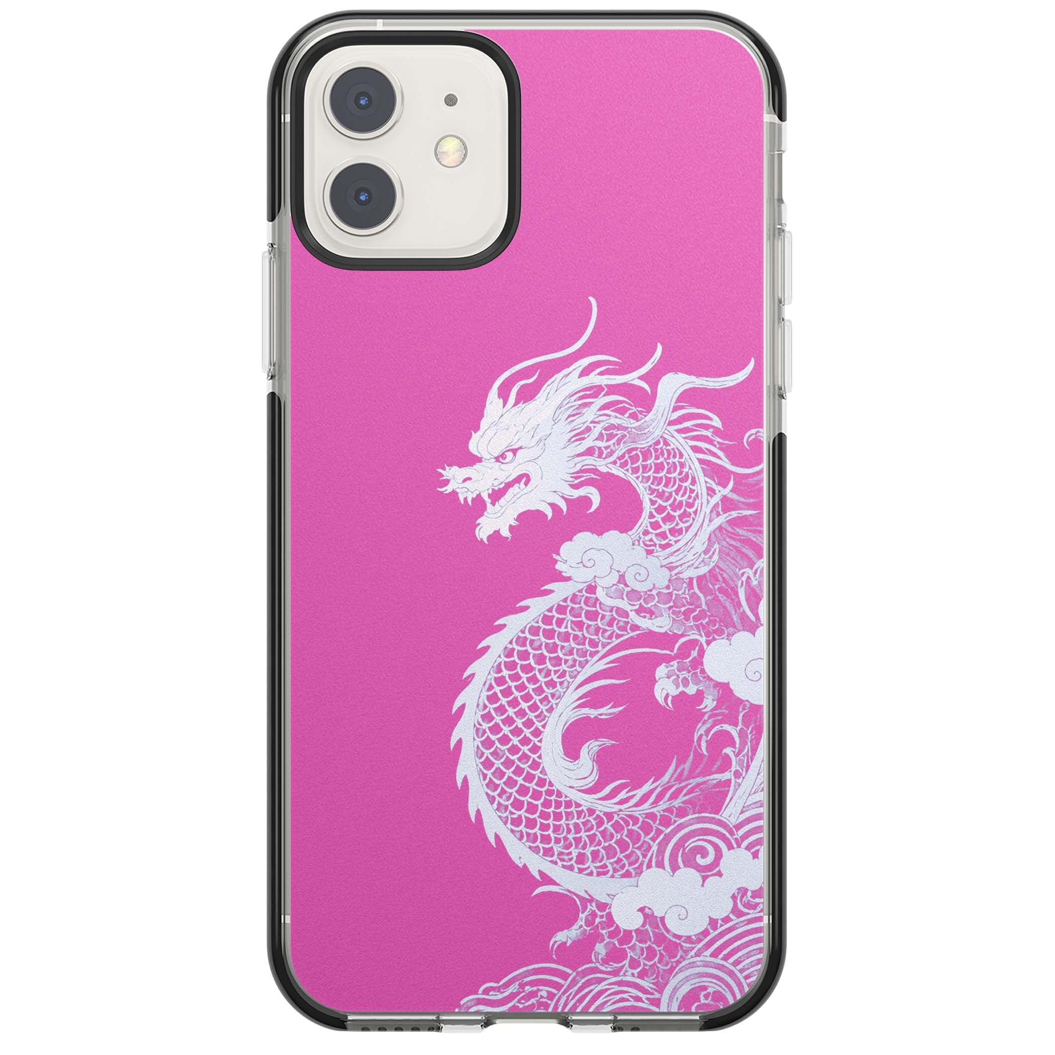 Pink Empress chinese dragon iPhone case featuring a white dragon, swirling clouds and pink dragon wallpaper backdrop | Black Impact case for iPhone 11, iPhone 12