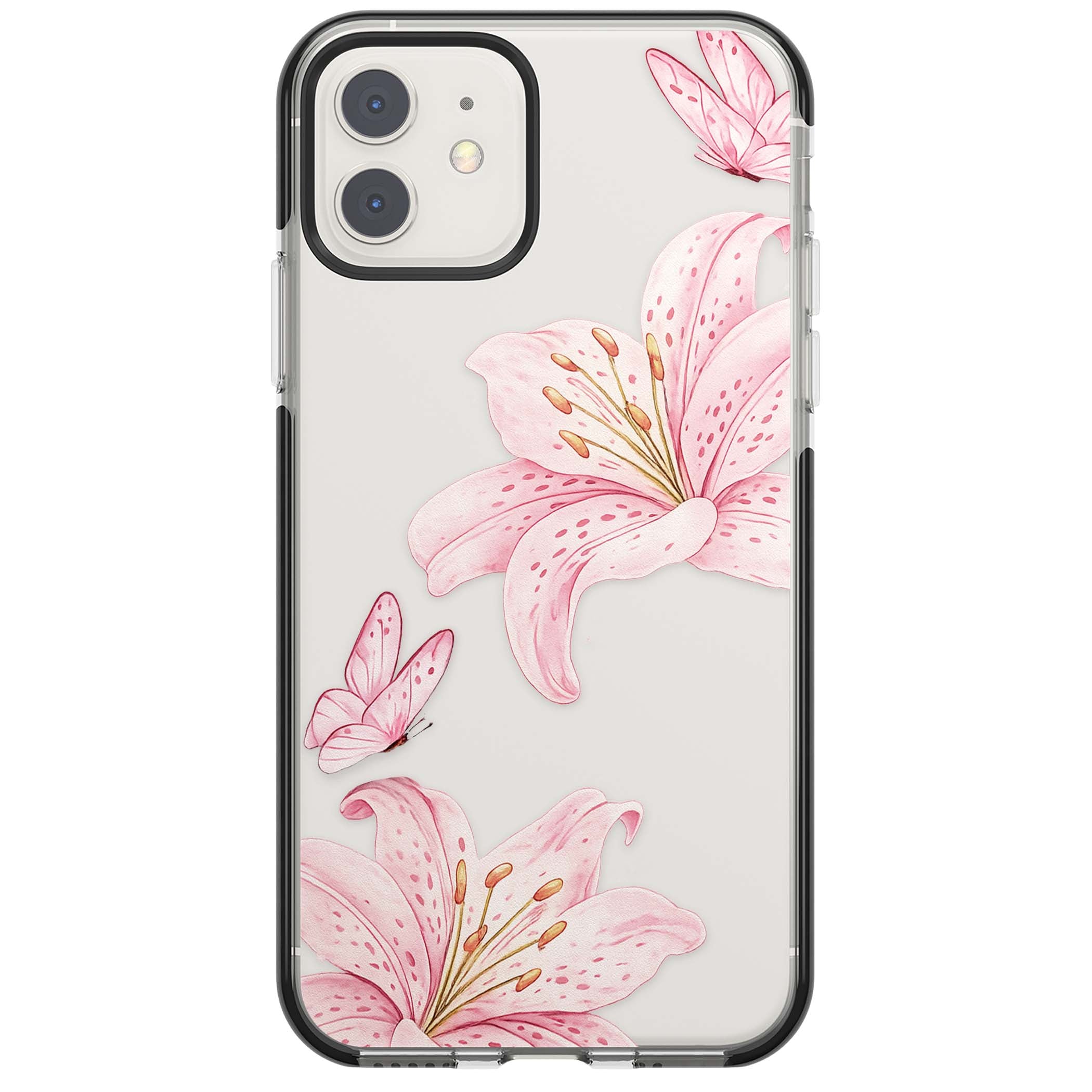 Lily Whisper floral iPhone case featuring pink watercolour lilies and delicate butterflies on a clear background | Black Impact case for iPhone 11, iPhone 12