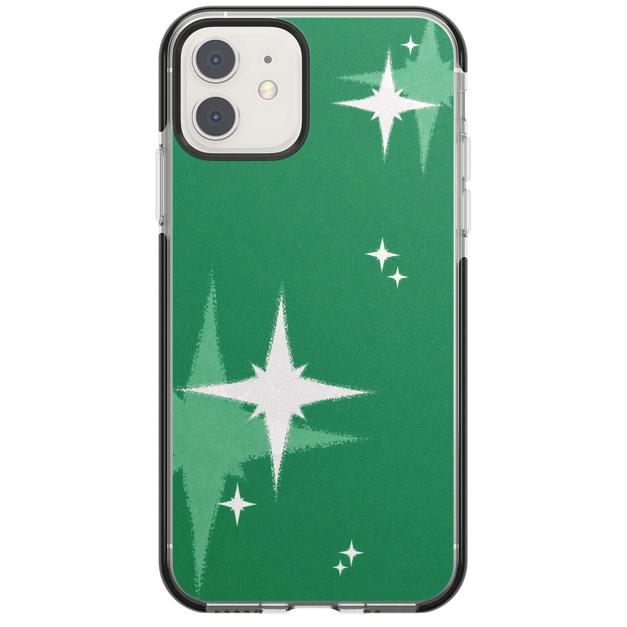 Green Sparkle celestial iPhone case featuring sparkling white four-point stars on a deep green background | Black Impact case for iPhone 11, iPhone 12