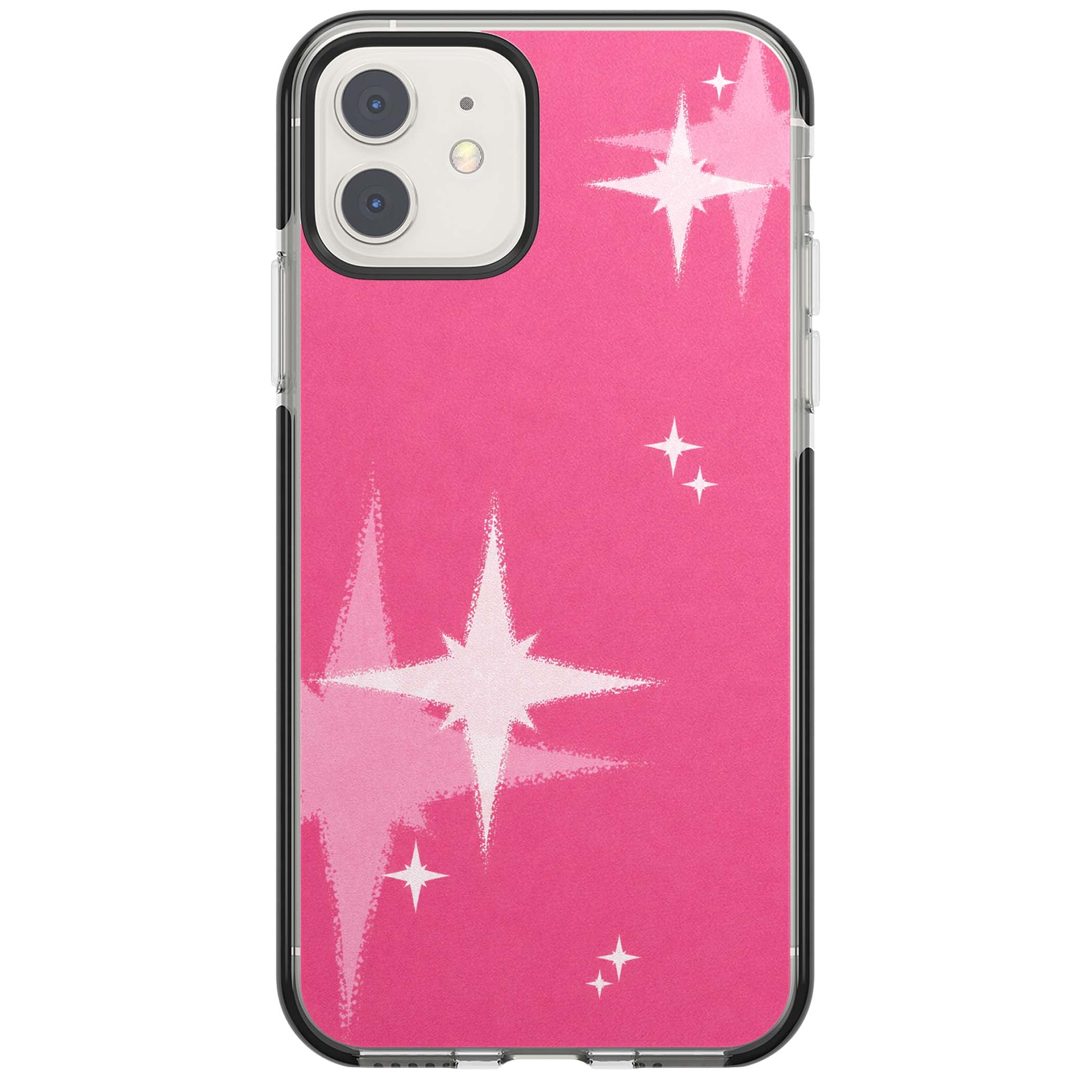 Pink Sparkle Y2K iPhone case featuring hot pink background with shimmering white starburst pattern | Black Impact case for iPhone 11, iPhone 12