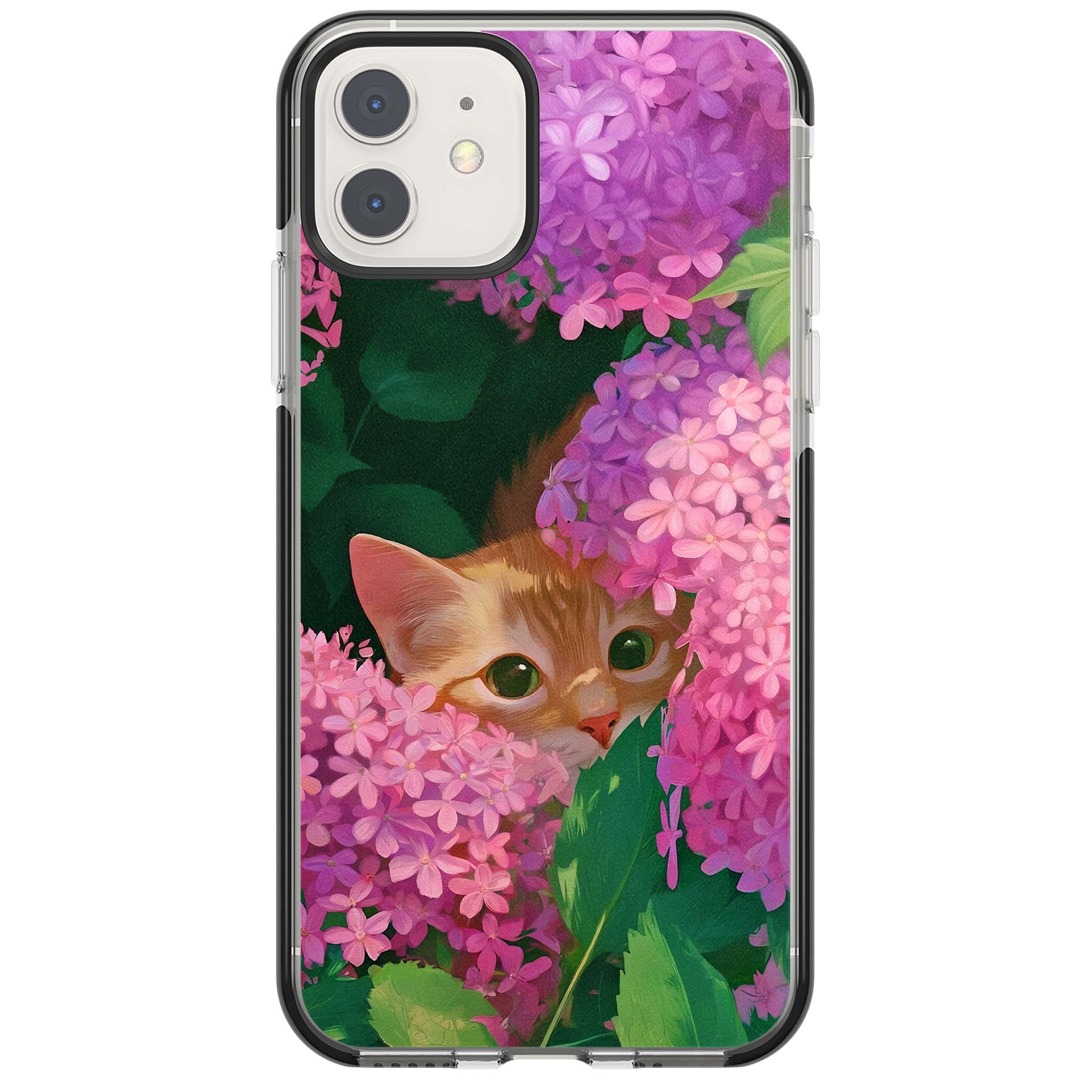Cat In Pink Flowers cottagecore iPhone case featuring a ginger kitten peeking through lilac and pink hydrangea flo | Black Impact case for iPhone 11, iPhone 12