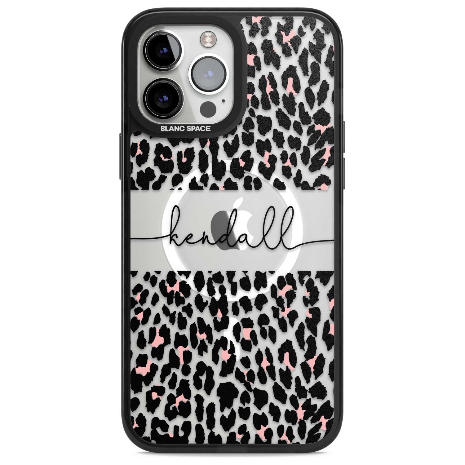 Personalised Pink & Cursive Leopard Spots Custom Phone Case iPhone 13 Pro Max / Magsafe Black Impact Case Blanc Space