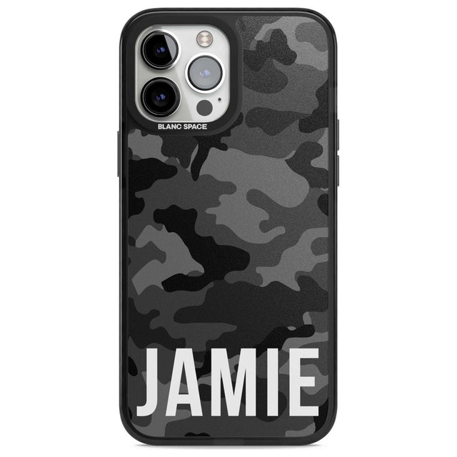 Personalised Horizontal Name Black Camouflage Custom Phone Case iPhone 13 Pro Max / Magsafe Black Impact Case Blanc Space