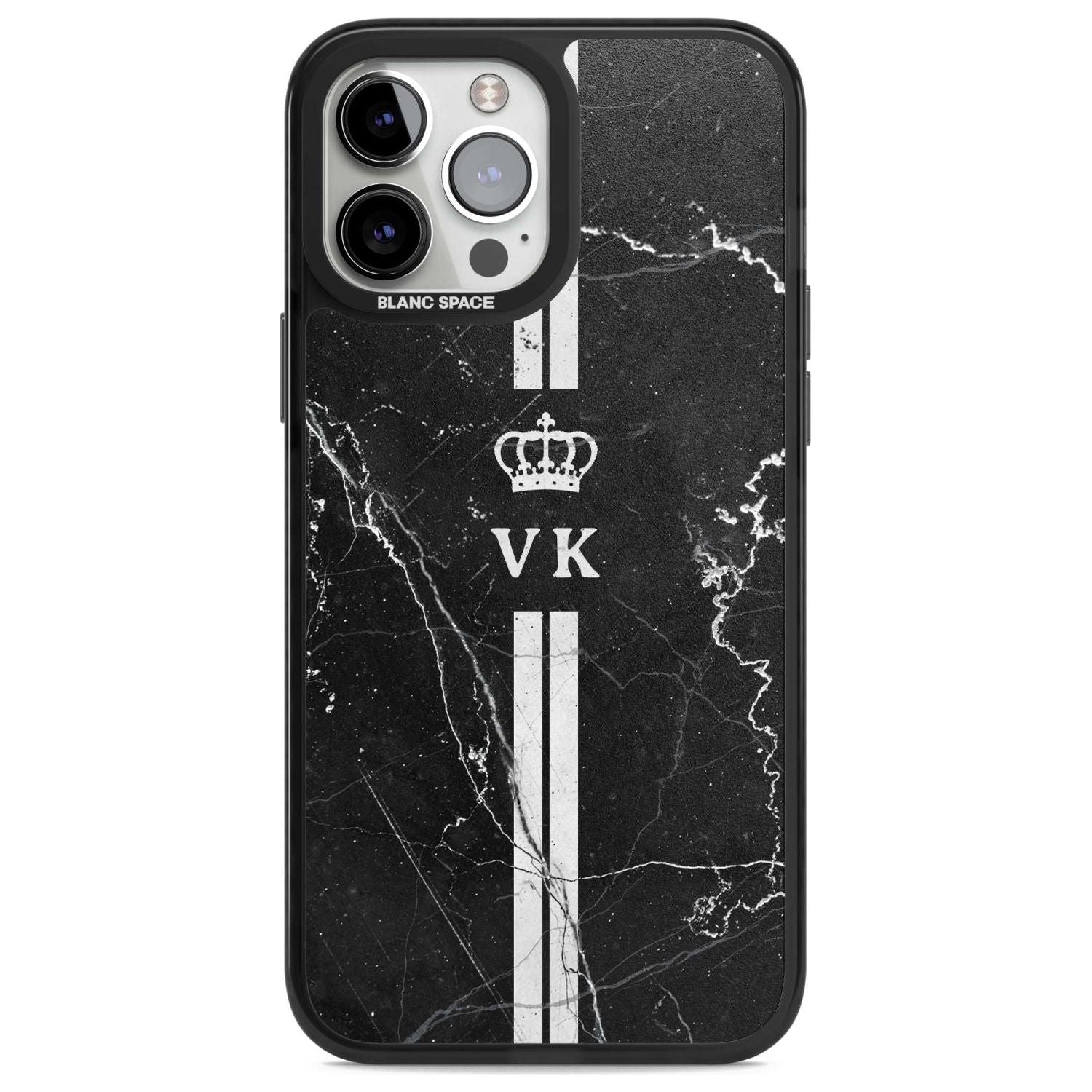 Personalised Stripes + Initials with Crown on Black Marble Custom Phone Case iPhone 13 Pro Max / Magsafe Black Impact Case Blanc Space