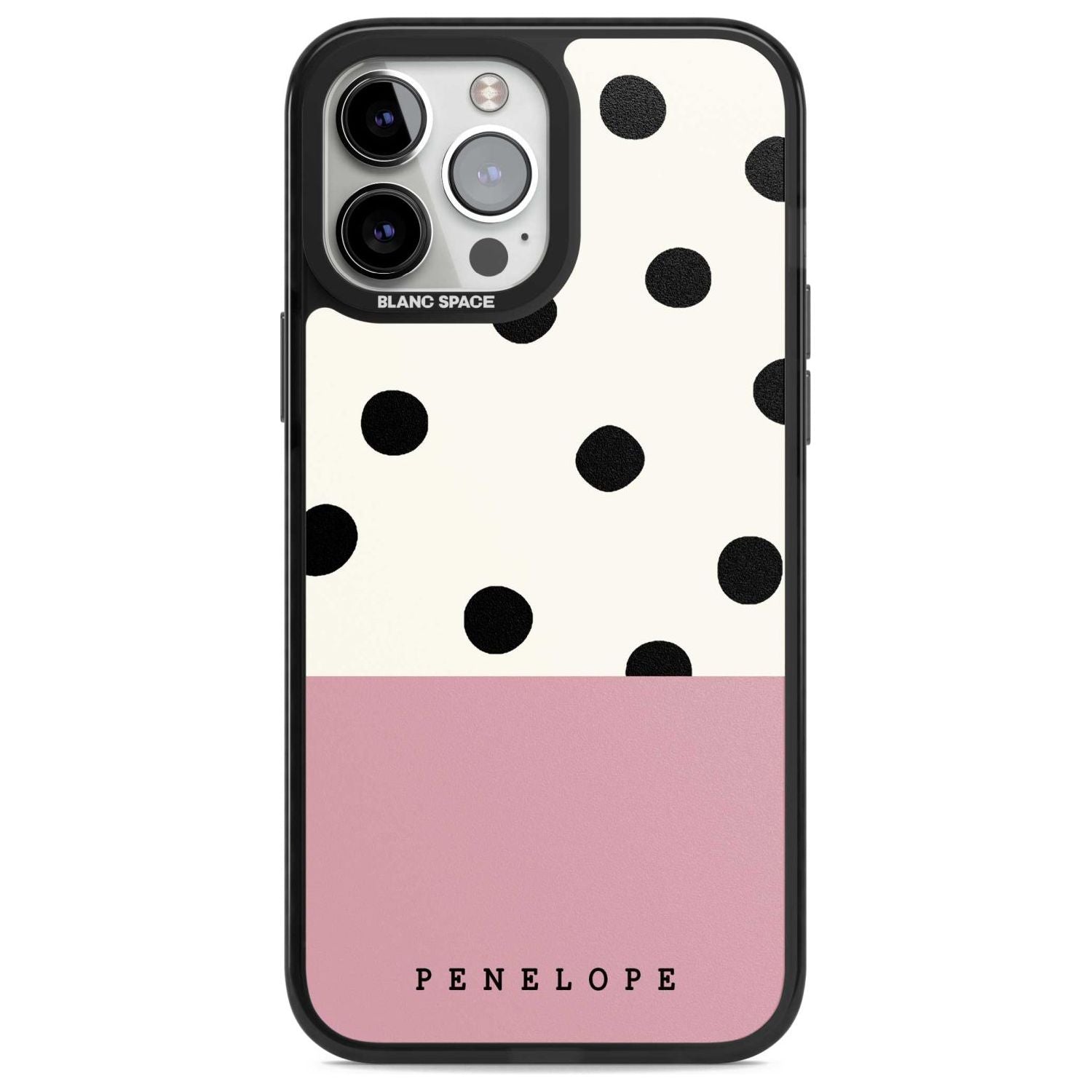 Personalised Pink Border Polka Dot Custom Phone Case iPhone 13 Pro Max / Magsafe Black Impact Case Blanc Space