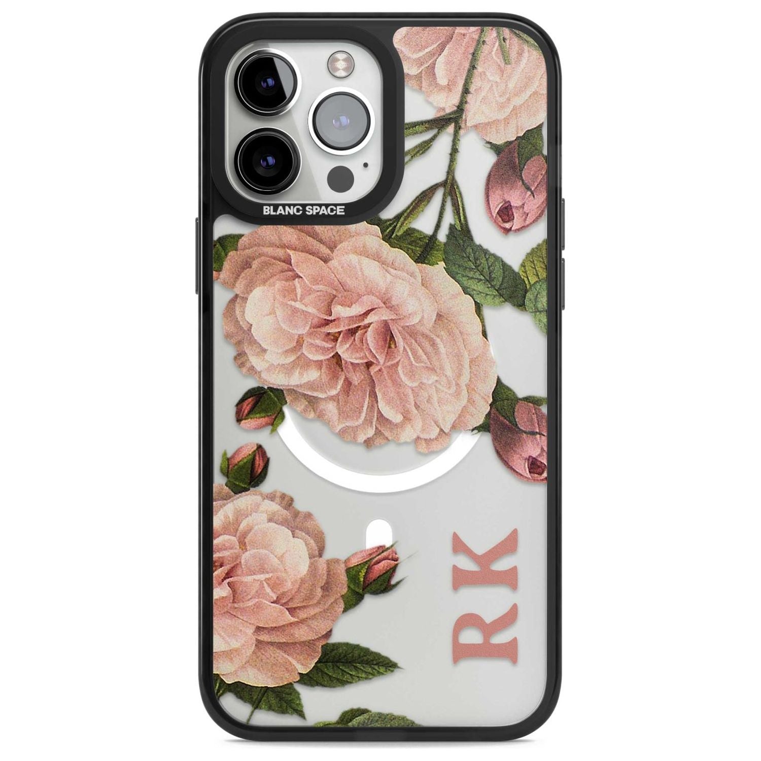 Personalised Clear Vintage Floral Pale Pink Peonies Custom Phone Case iPhone 13 Pro Max / Magsafe Black Impact Case Blanc Space