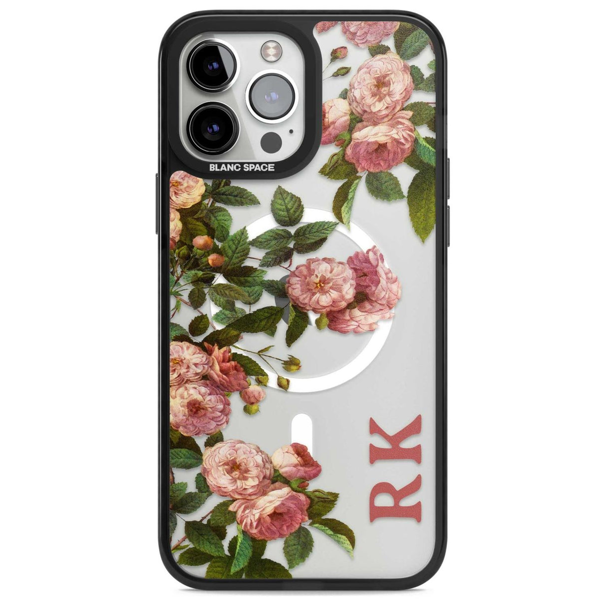Personalised Clear Vintage Floral Pink Garden Roses Custom Phone Case iPhone 13 Pro Max / Magsafe Black Impact Case Blanc Space