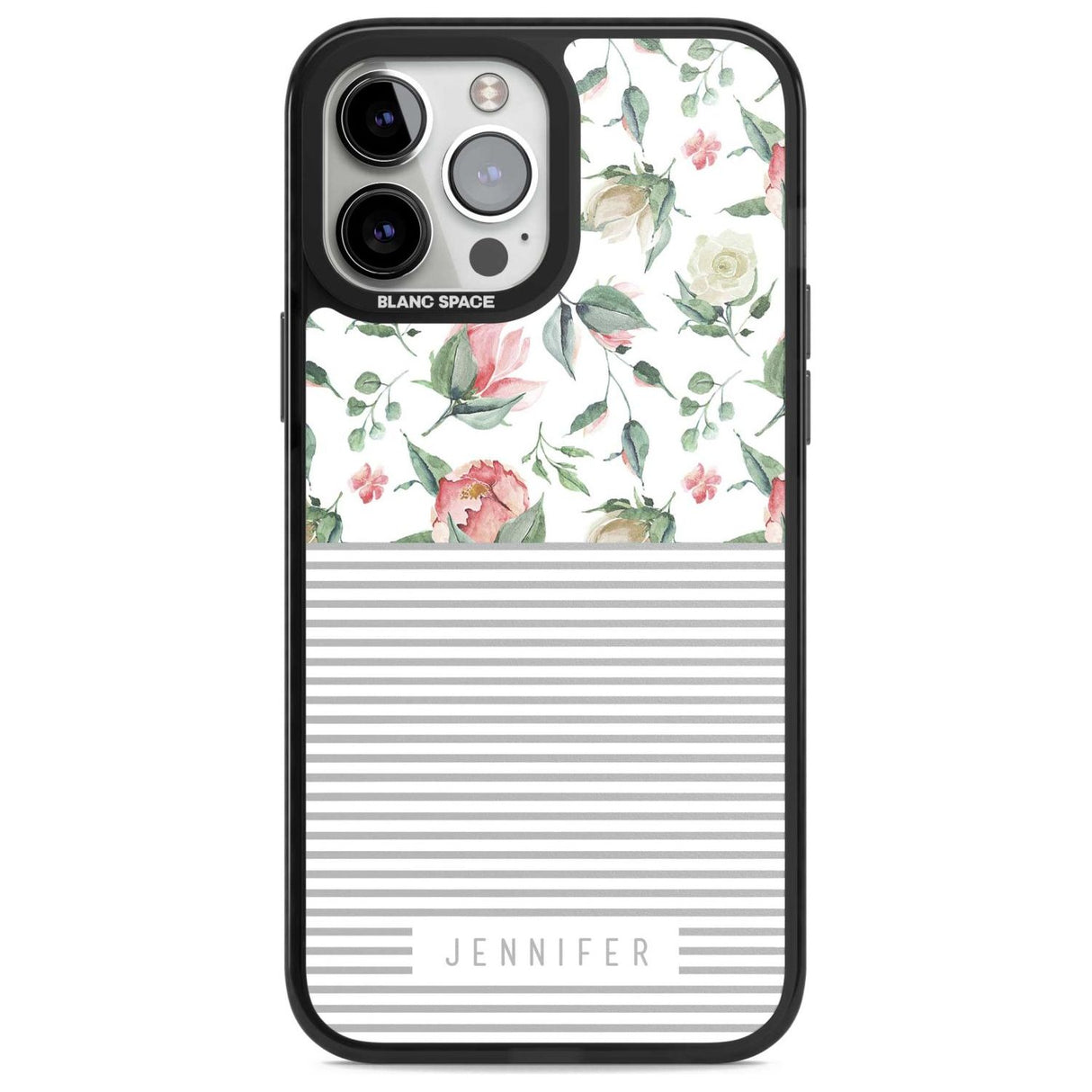 Personalised Light Floral Pattern & Stripes Custom Phone Case iPhone 13 Pro Max / Magsafe Black Impact Case Blanc Space