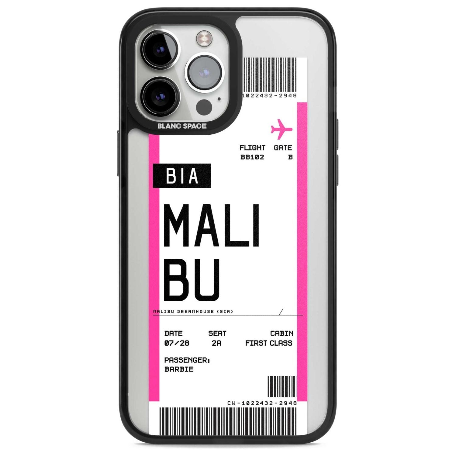 Personalised Pink Malibu Boarding Pass Custom Phone Case iPhone 13 Pro Max / Magsafe Black Impact Case Blanc Space