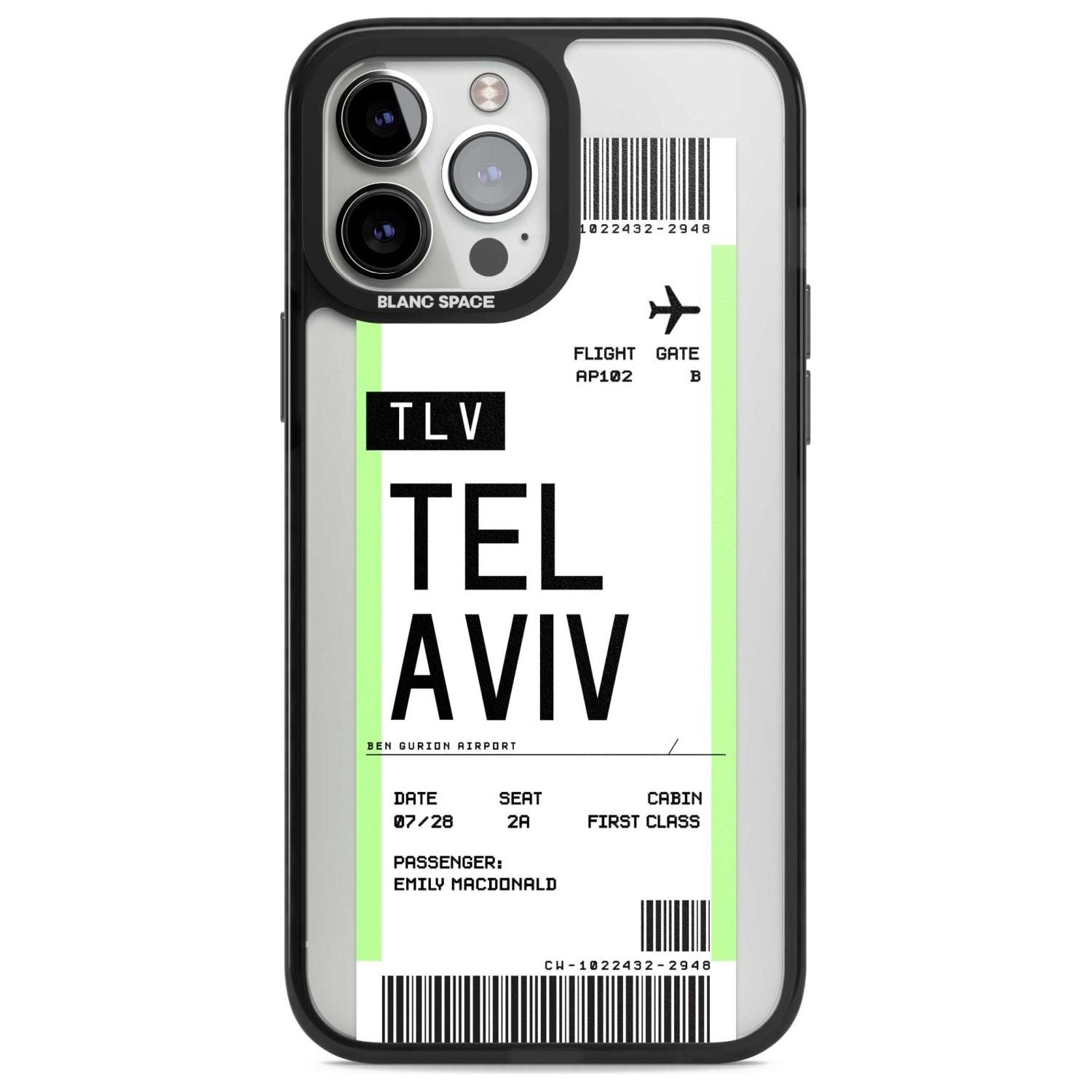 Personalised Tel Aviv Boarding Pass Custom Phone Case iPhone 13 Pro Max / Magsafe Black Impact Case Blanc Space
