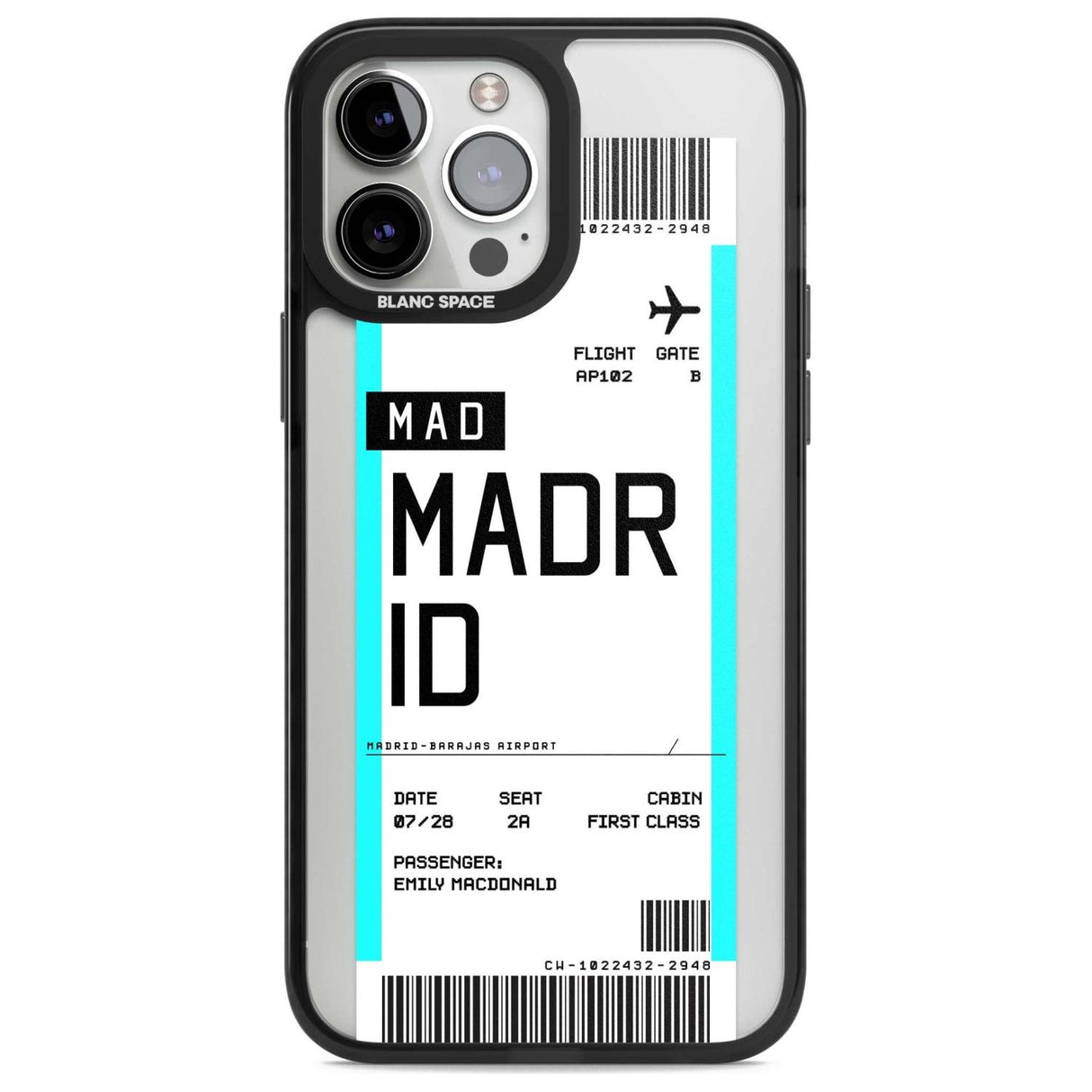 Personalised Madrid Boarding Pass Custom Phone Case iPhone 13 Pro Max / Magsafe Black Impact Case Blanc Space