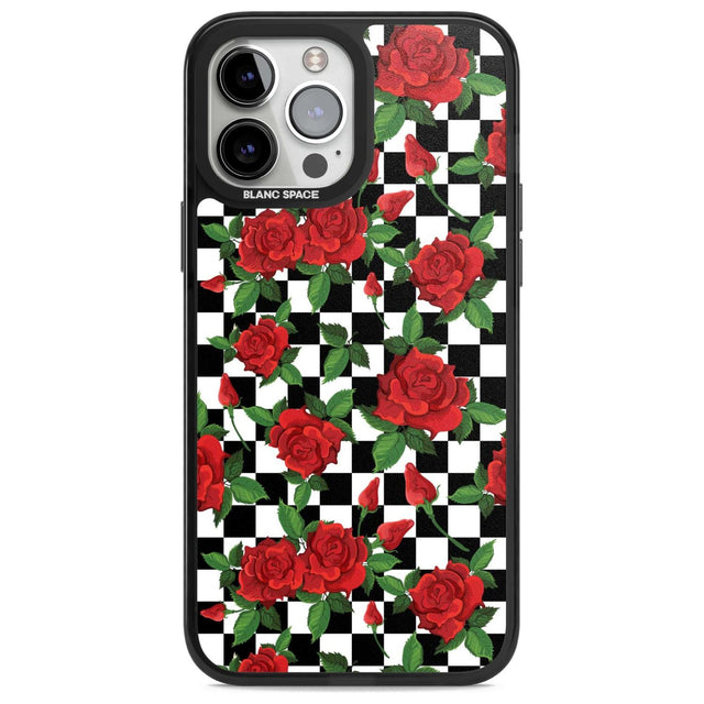 Checkered Pattern & Red Roses Phone Case iPhone 13 Pro Max / Magsafe Black Impact Case Blanc Space