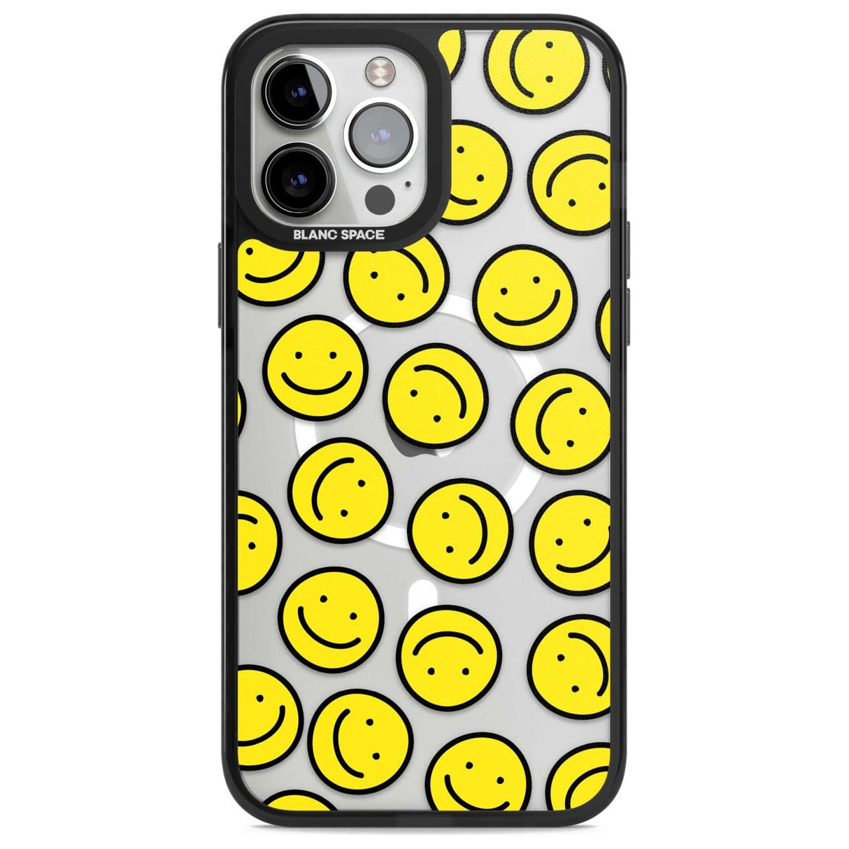 Happy Face Clear Pattern Phone Case iPhone 13 Pro Max / Magsafe Black Impact Case Blanc Space