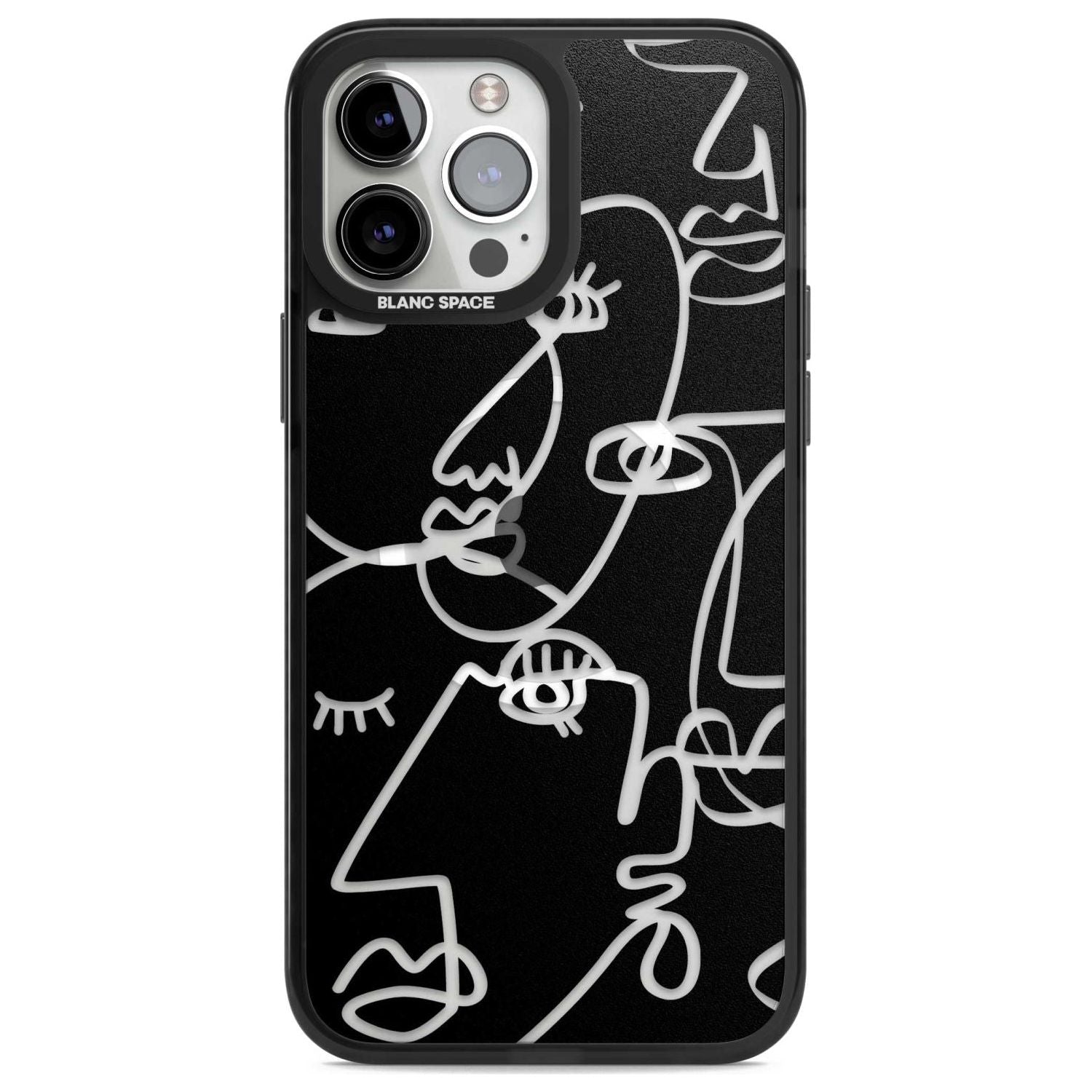 Abstract Continuous Line Faces Clear on Black Phone Case iPhone 13 Pro Max / Magsafe Black Impact Case Blanc Space