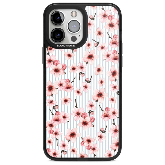 Cherry Blossoms on Blue Stripes Pattern Phone Case iPhone 13 Pro Max / Magsafe Black Impact Case Blanc Space