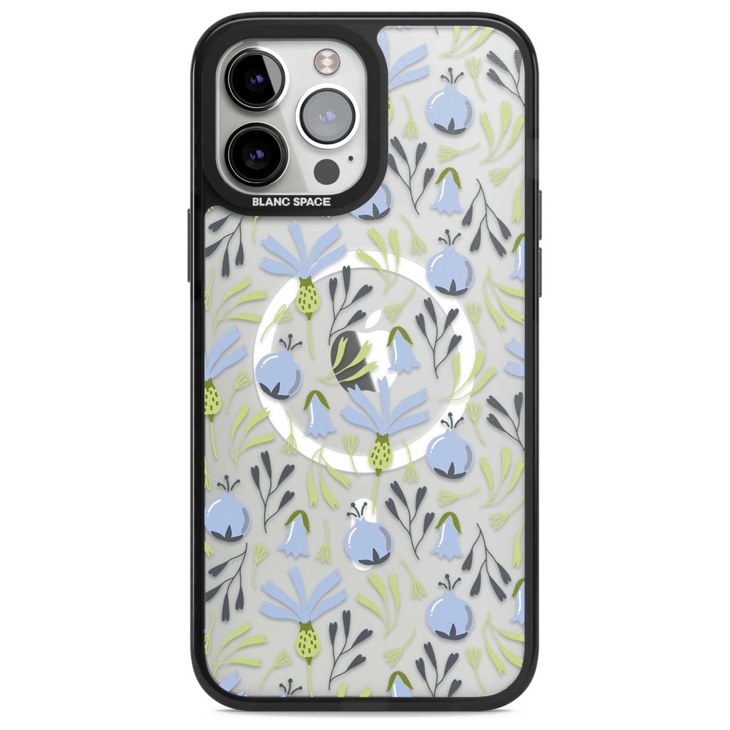 Blue Flora Transparent Floral Phone Case iPhone 13 Pro Max / Magsafe Black Impact Case Blanc Space