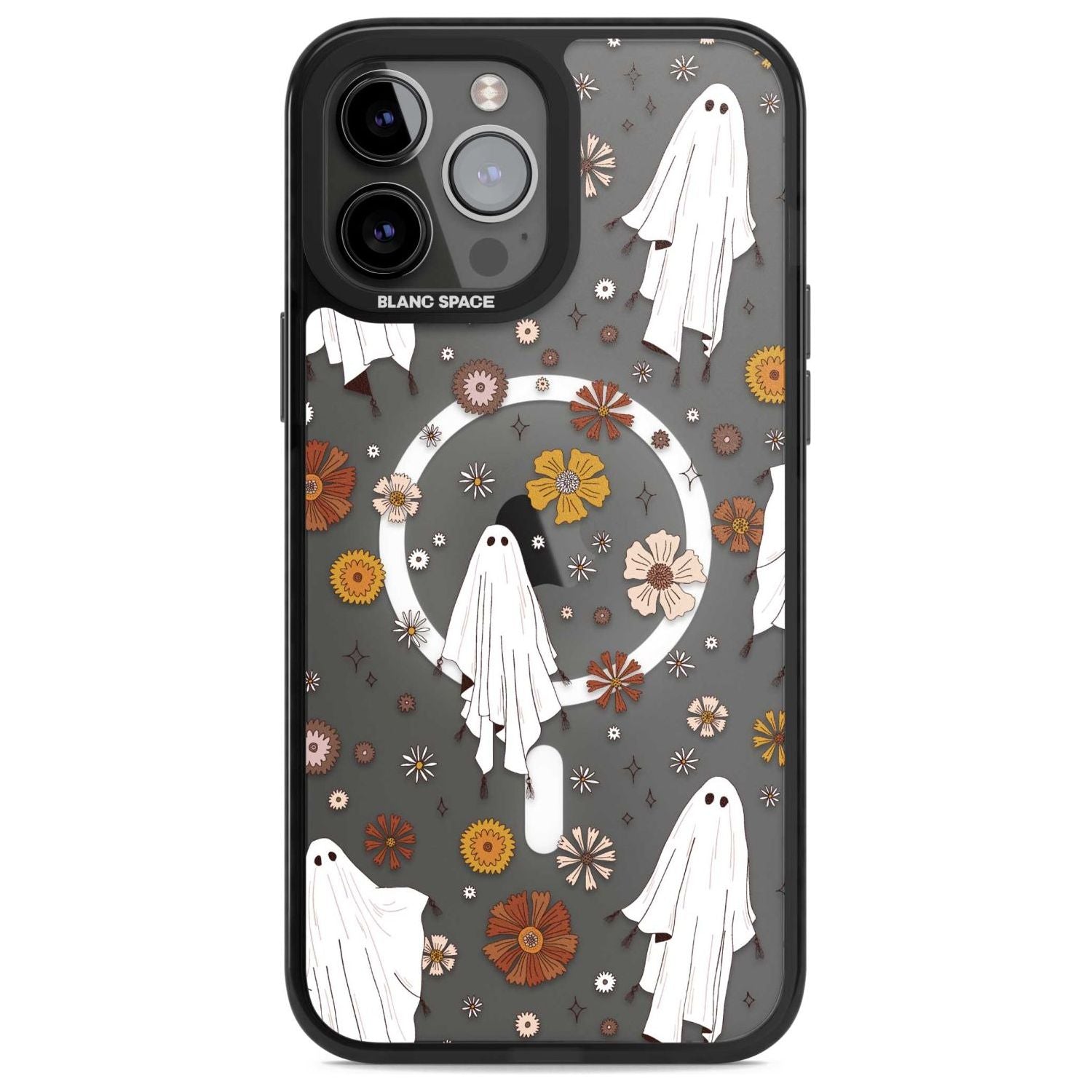 Halloween Ghosts and Flowers Phone Case iPhone 13 Pro Max / Magsafe Black Impact Case Blanc Space