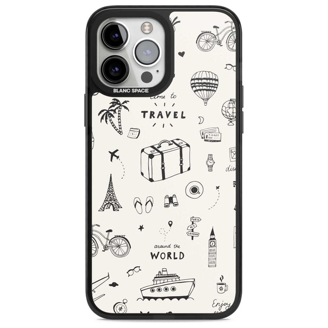 Cute Travel Pattern, White on Phone Case iPhone 13 Pro Max / Magsafe Black Impact Case Blanc Space
