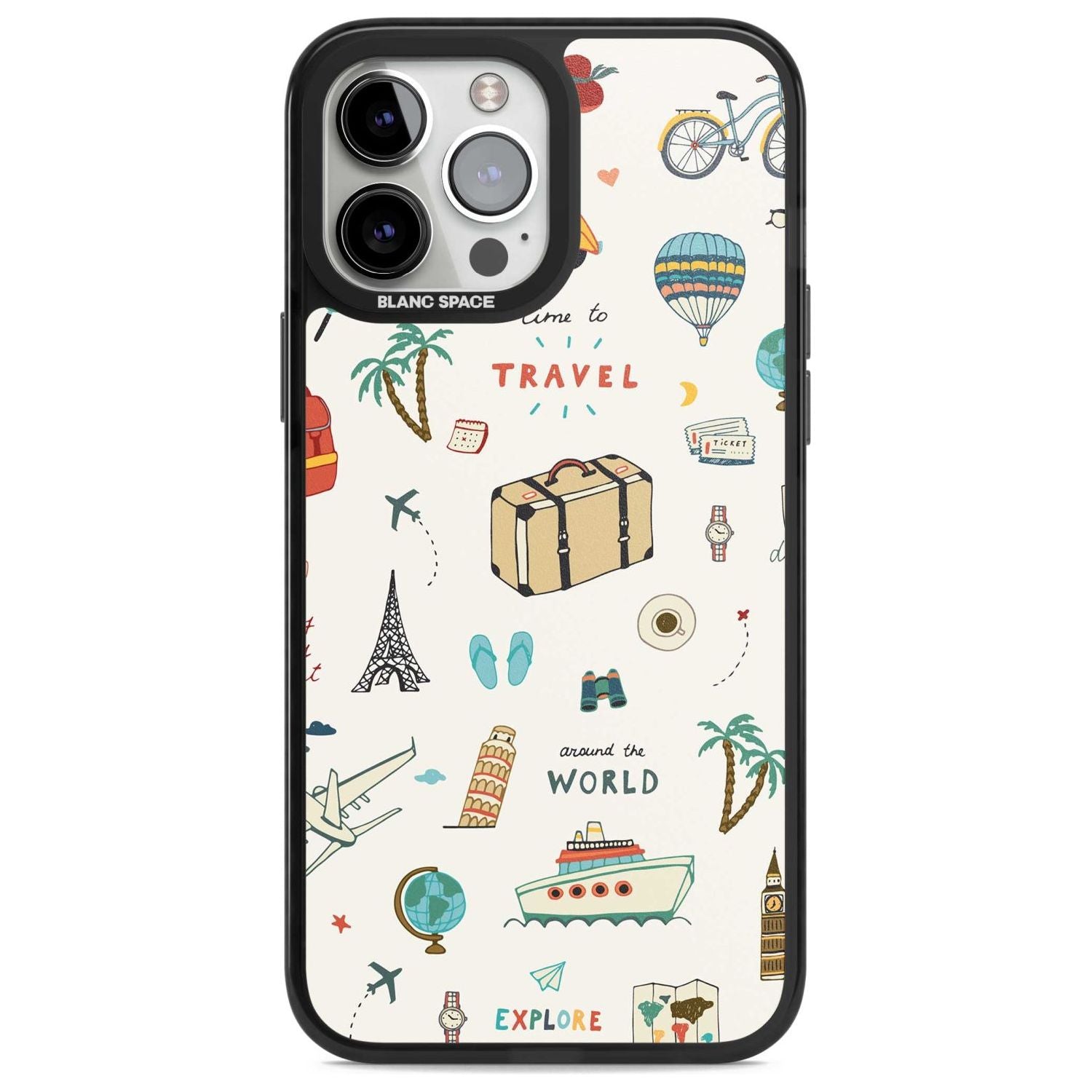 Cute Travel Pattern Cream Phone Case iPhone 13 Pro Max / Magsafe Black Impact Case Blanc Space