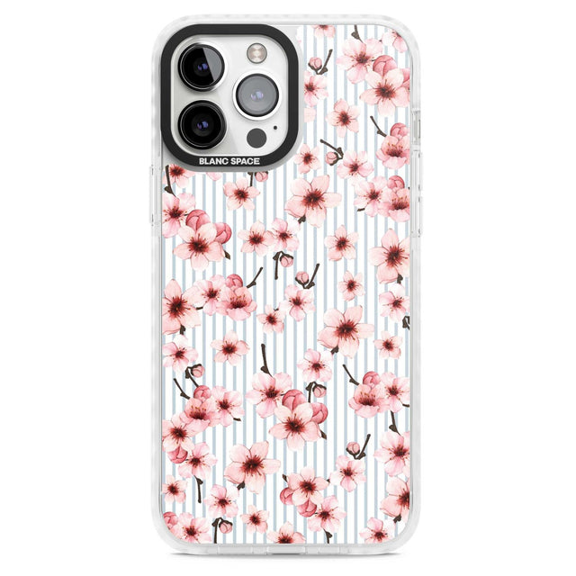 Cherry Blossoms on Blue Stripes Pattern