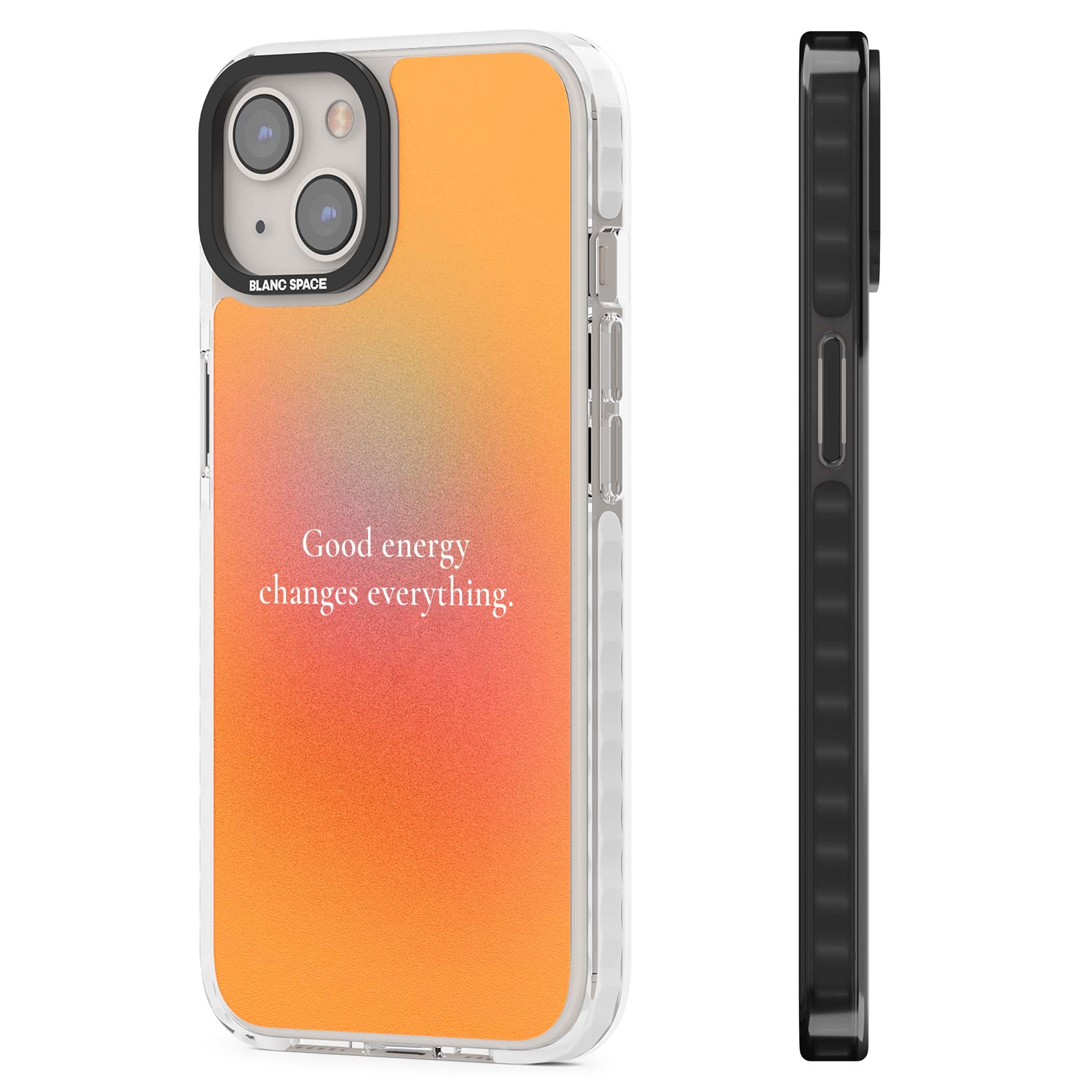Good Energy quote iPhone case featuring an orange and pink aura gradient with white serif affirmation text | Clear Impact case for iPhone 13, iPhone 14, iPhone 15