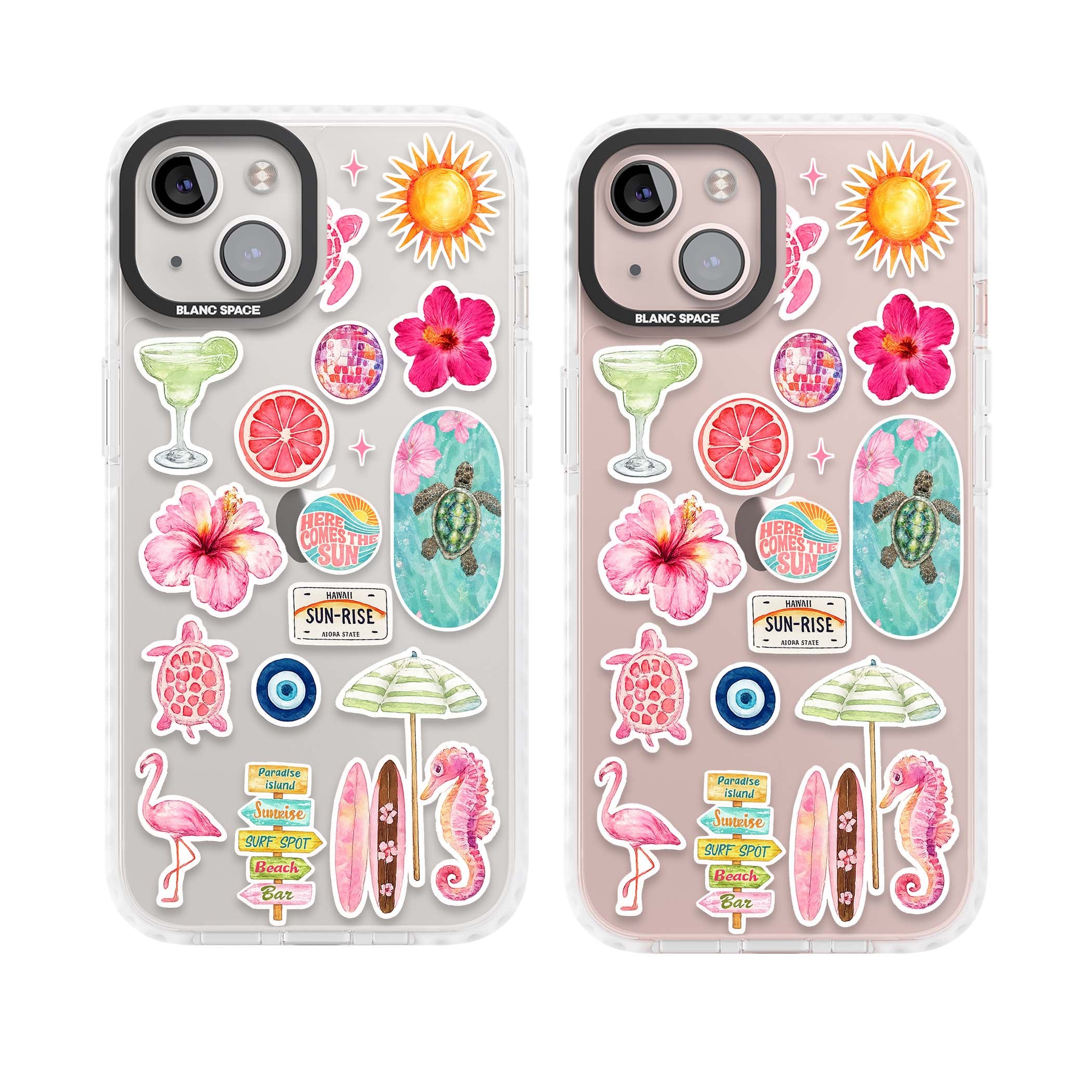 Aloha Sticker Mix tropical summer iPhone case featuring pink hibiscus, sea turtles, flamingo and beach umbrella stickers | Clear Impact case for iPhone 13, iPhone 14, iPhone 15