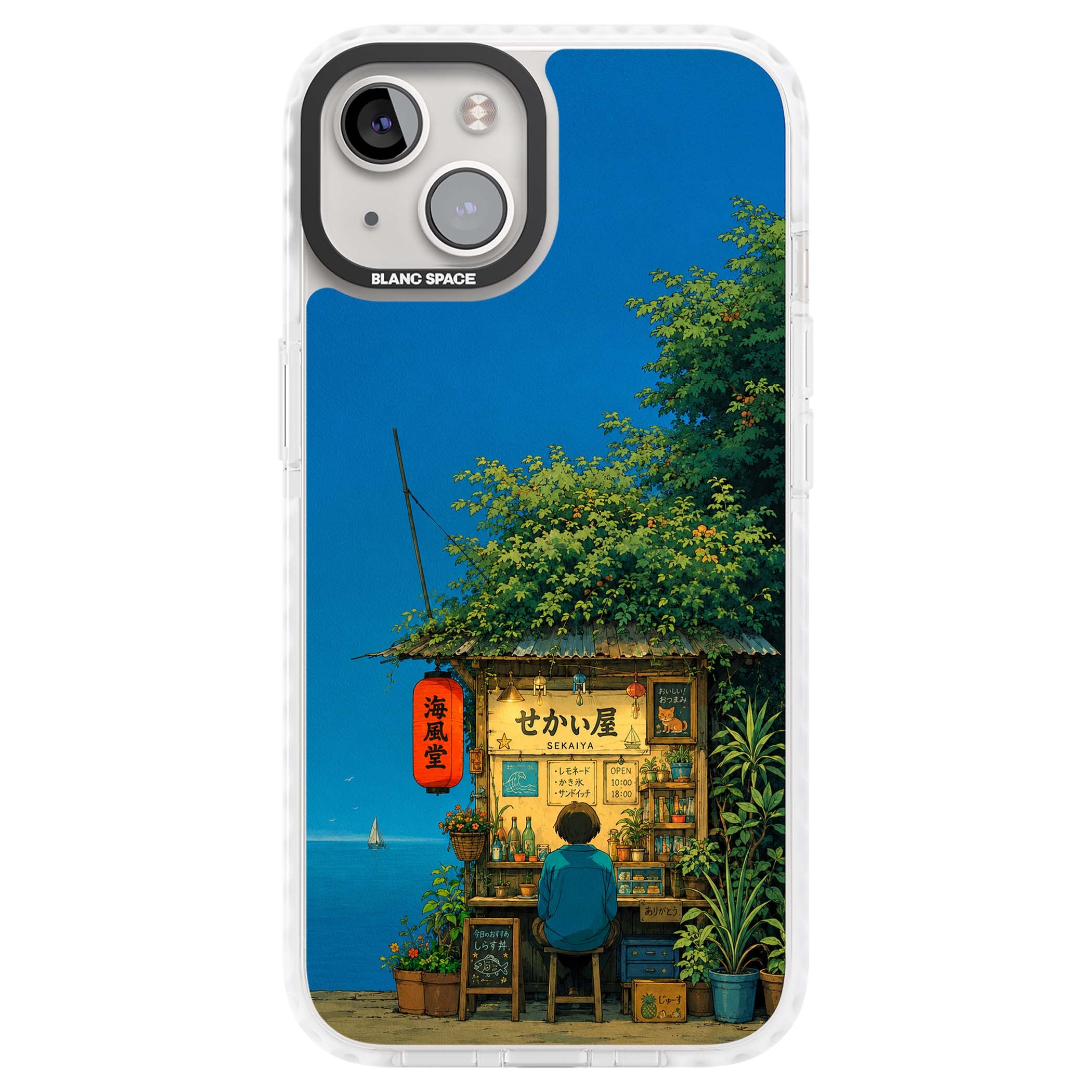 The Shirahama Kiosk anime iPhone case featuring a Japanese seaside shop, red paper lantern and ocean view | Clear Impact case for iPhone 13, iPhone 14, iPhone 15