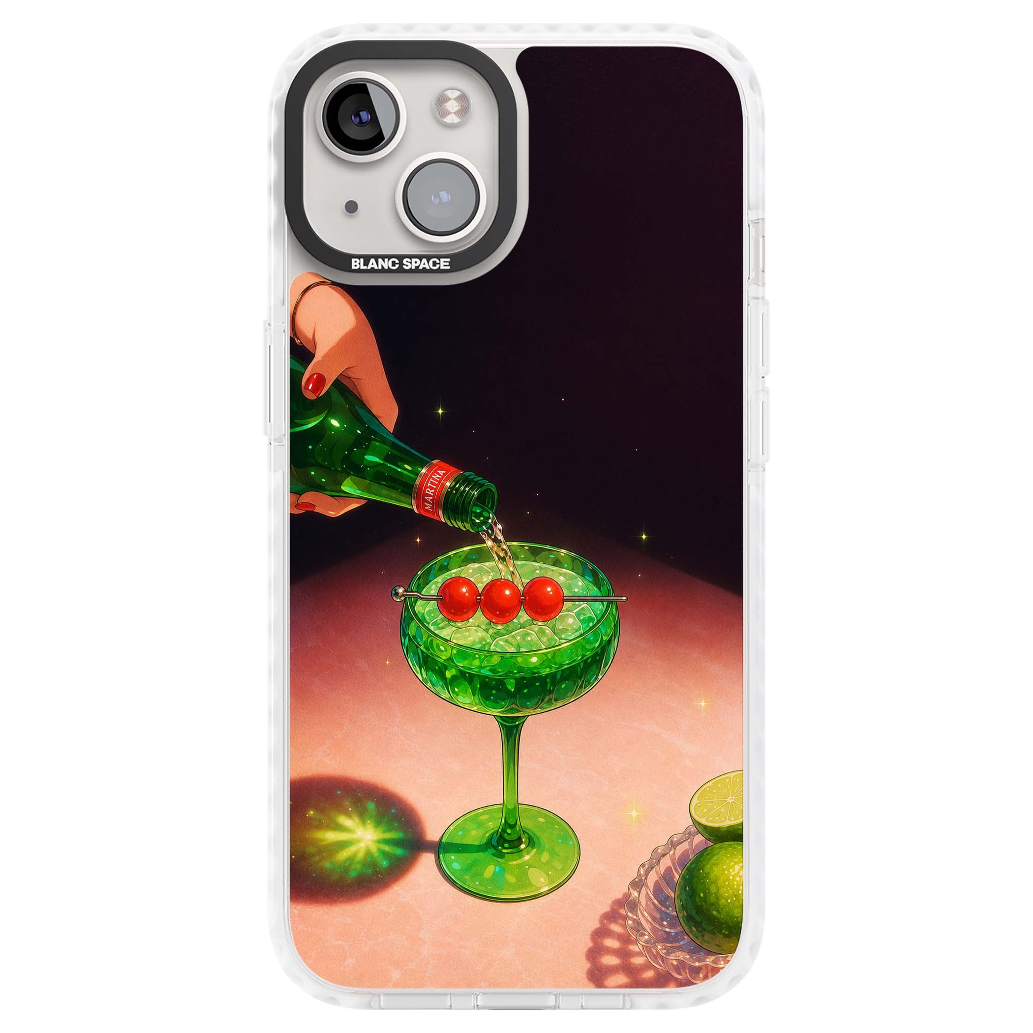 Absinthe Hour cocktail iPhone case featuring a green coupe glass, cherry garnish and vintage bottle pour illustration | Clear Impact case for iPhone 13, iPhone 14, iPhone 15