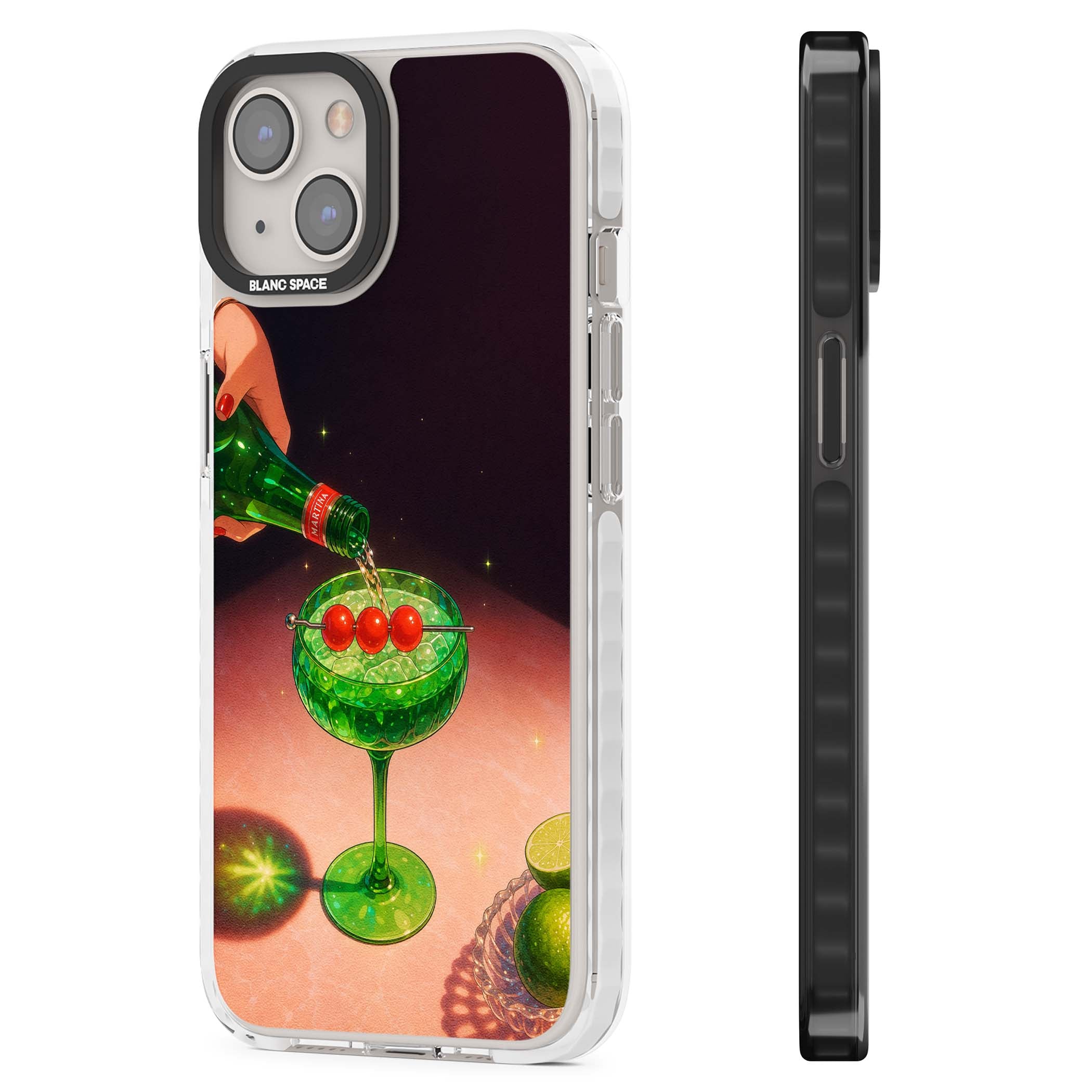 Absinthe Hour cocktail iPhone case featuring a green coupe glass, cherry garnish and vintage bottle pour illustration | Clear Impact case for iPhone 13, iPhone 14, iPhone 15