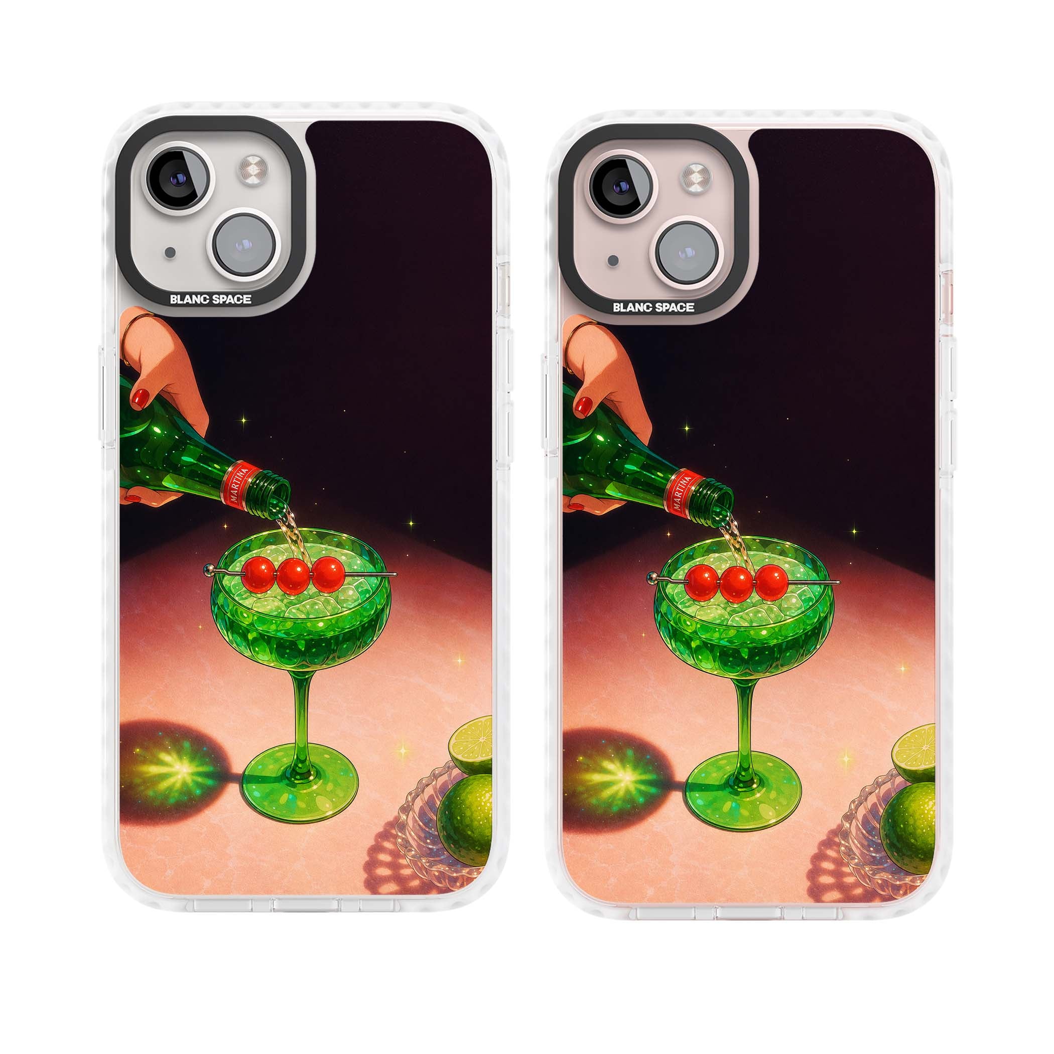 Absinthe Hour cocktail iPhone case featuring a green coupe glass, cherry garnish and vintage bottle pour illustration | Clear Impact case for iPhone 13, iPhone 14, iPhone 15