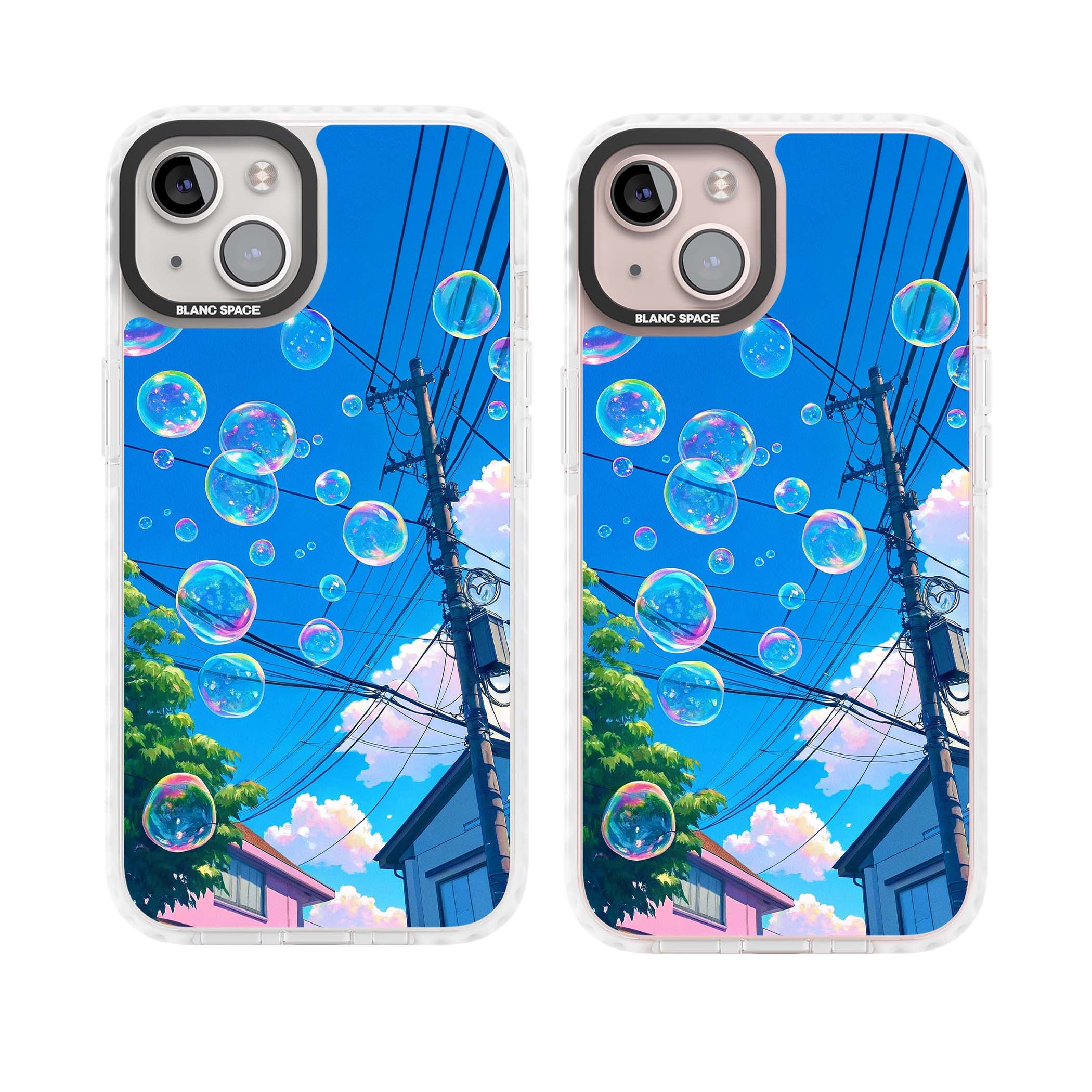 Suburban Bubbles anime iPhone case featuring iridescent soap bubbles, blue sky and Japanese telephone wires | Clear Impact case for iPhone 13, iPhone 14, iPhone 15