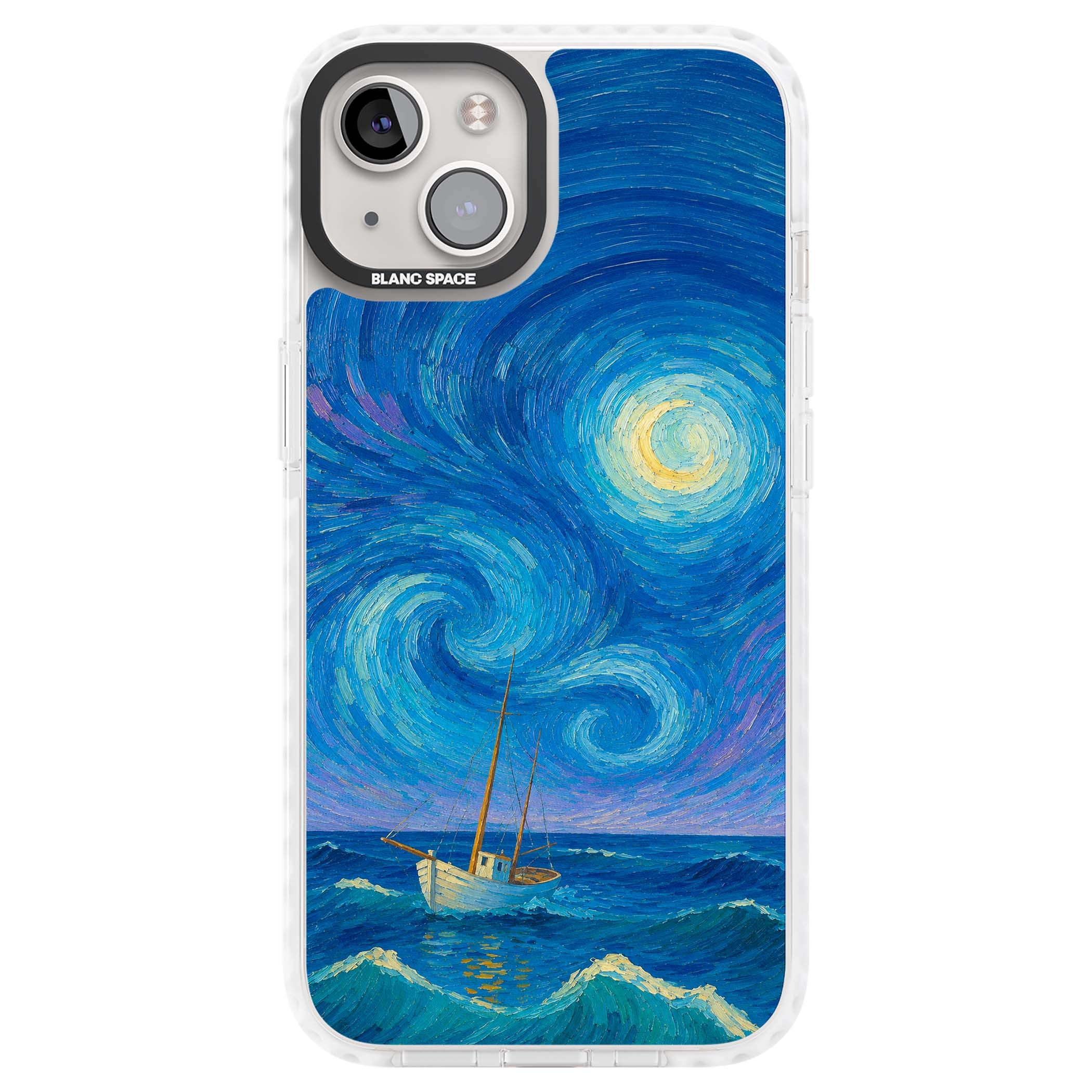 Moonlit Tide Van Gogh art iPhone case featuring swirling starry night sky, glowing moon and lone sailing boat at sea | Clear Impact case for iPhone 13, iPhone 14, iPhone 15