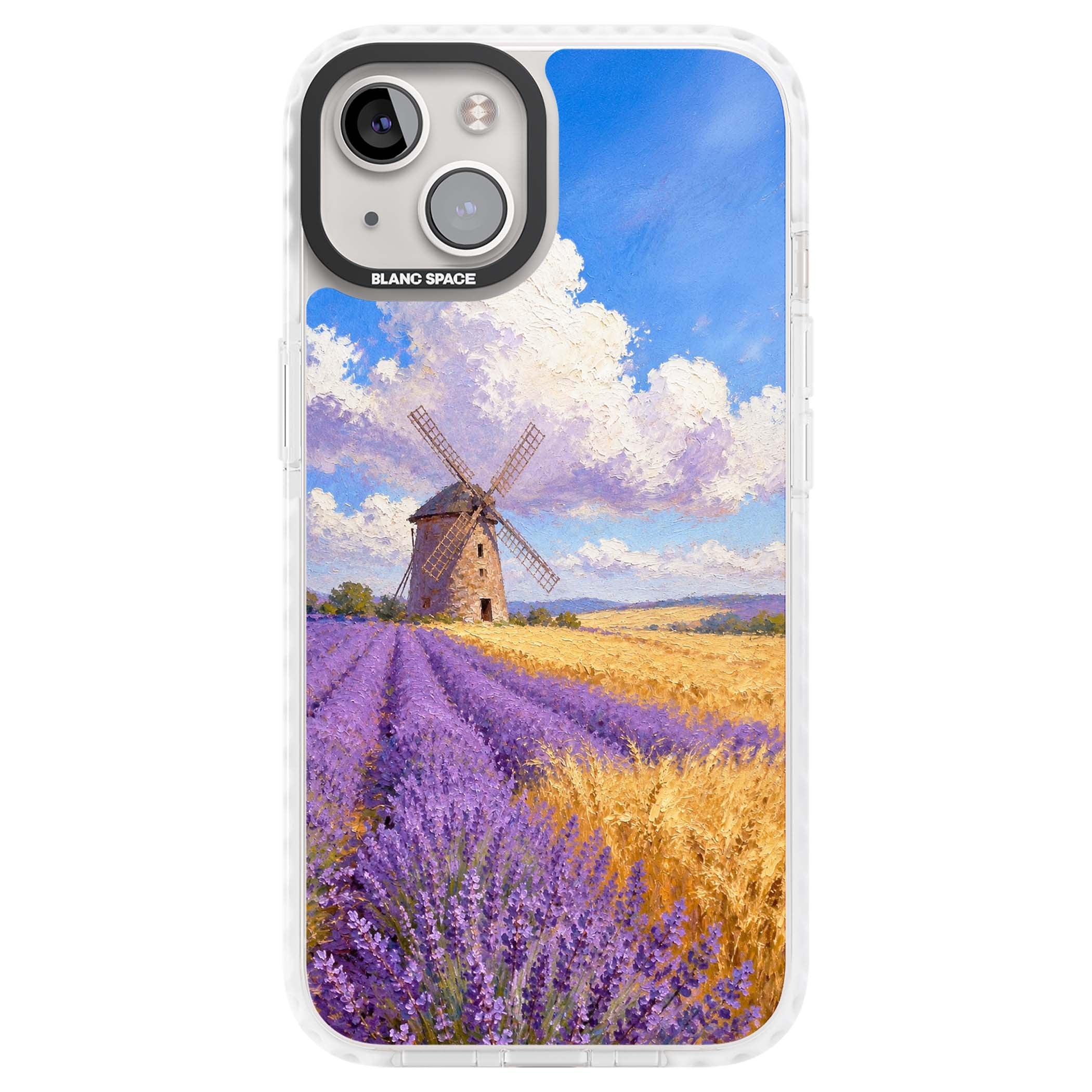 Lavender Mill cottagecore iPhone case featuring a French windmill, lavender field and golden wheat oil painting | Clear Impact case for iPhone 13, iPhone 14, iPhone 15