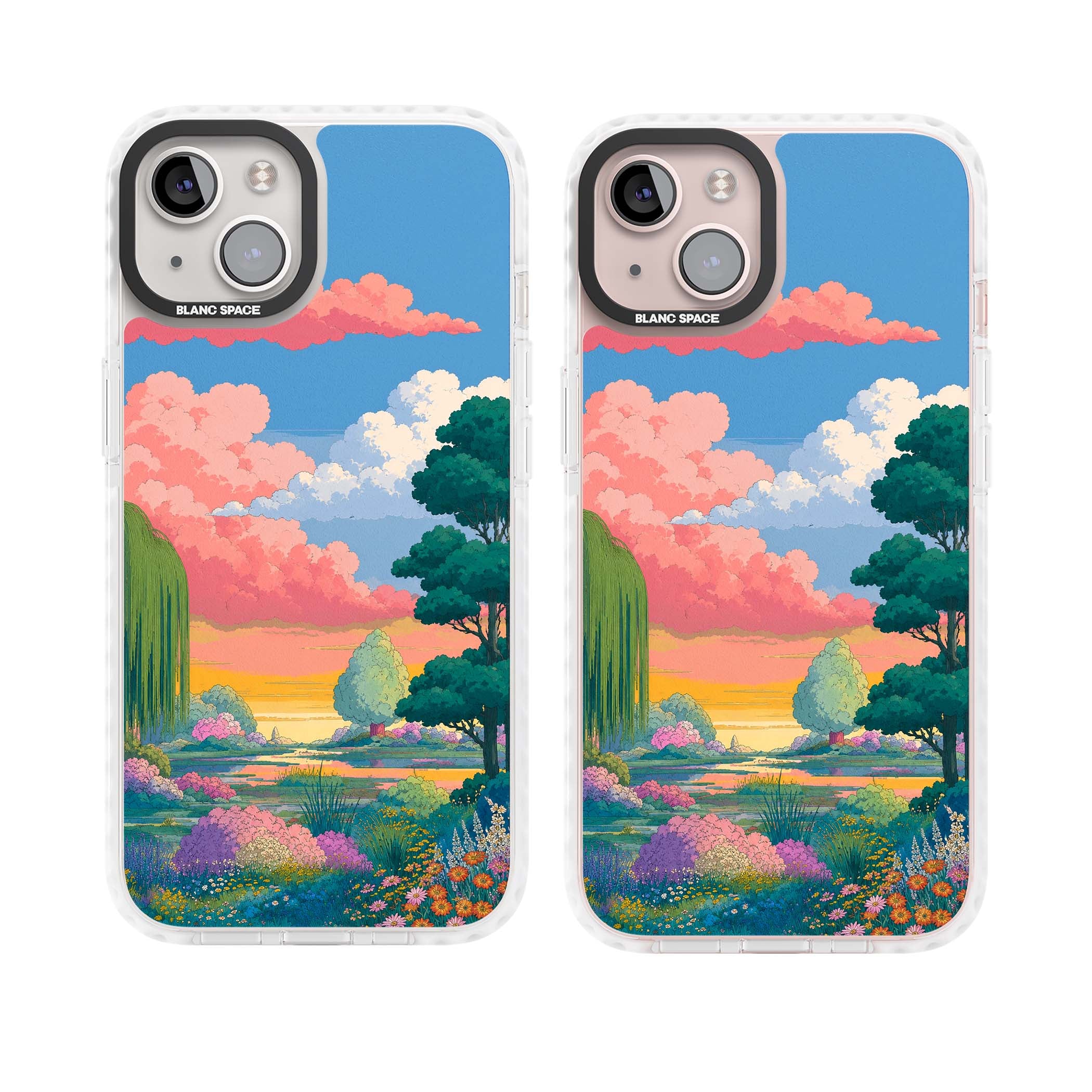 Dream Valley anime landscape iPhone case featuring pink sunset clouds, willow trees and wildflowers | Clear Impact case for iPhone 13, iPhone 14, iPhone 15