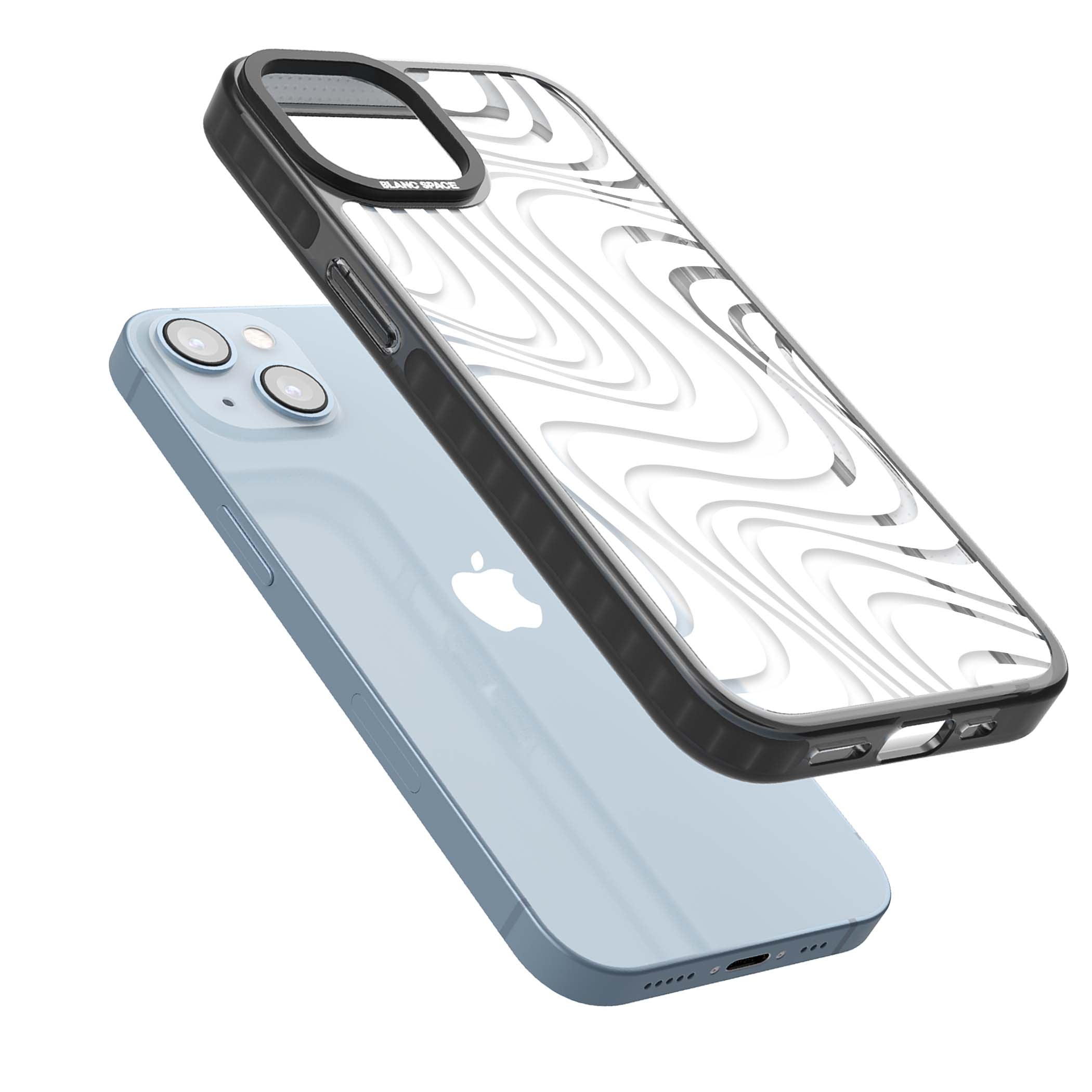 White Abstract Waves abstract iPhone case featuring flowing grey wave pattern on clear background | Black Impact case for iPhone 13, iPhone 14, iPhone 15