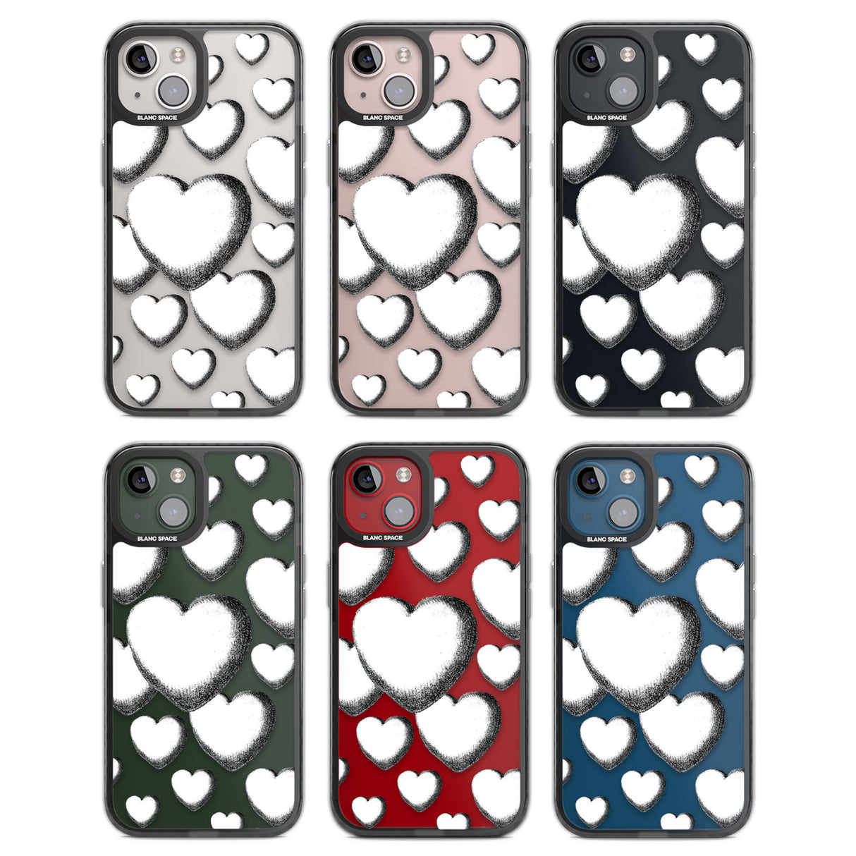 Hand-Drawn Hearts Black Impact Phone Case for iPhone 13, iPhone 14, iPhone 15