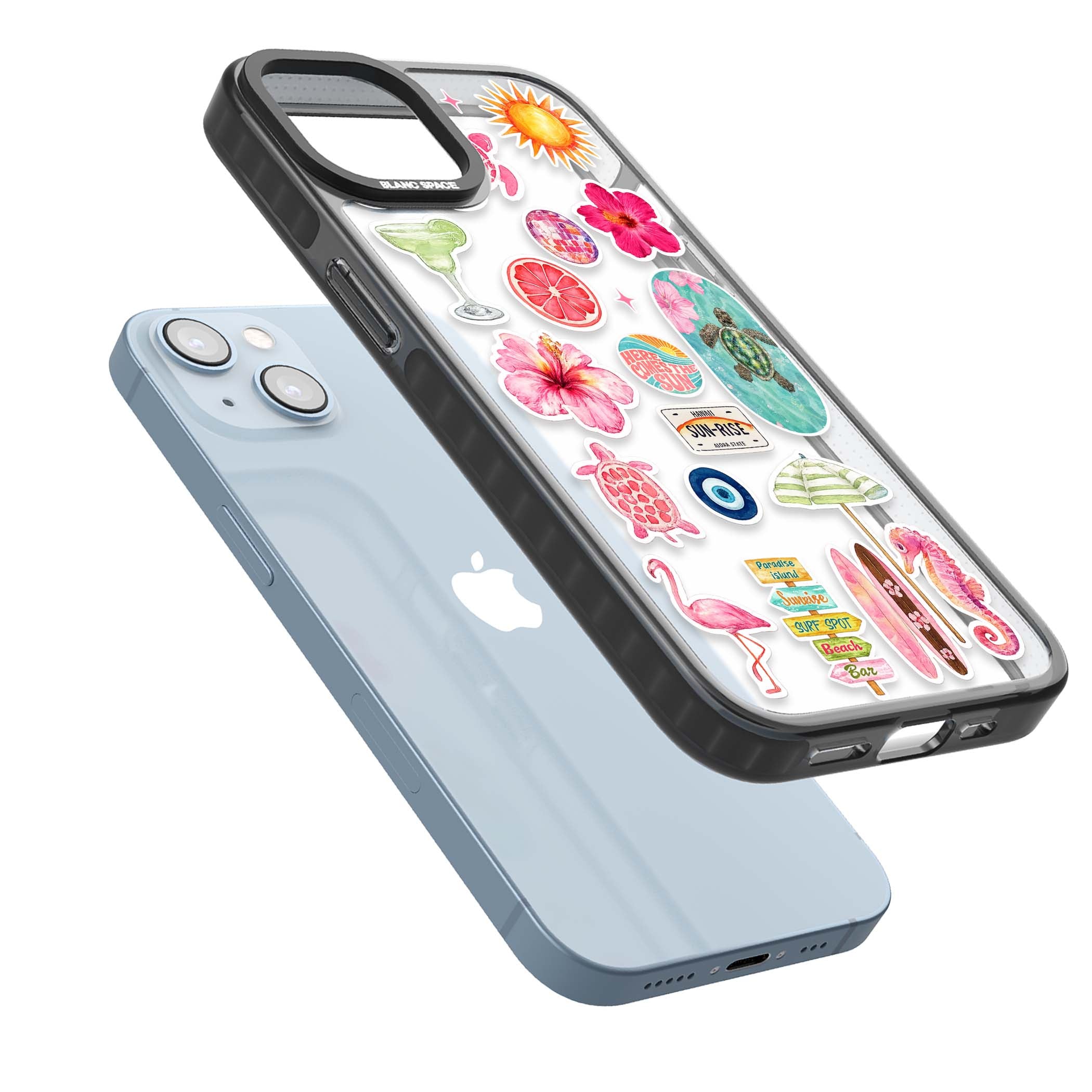 Aloha Sticker Mix tropical summer iPhone case featuring pink hibiscus, sea turtles, flamingo and beach umbrella stickers | Black Impact case for iPhone 13, iPhone 14, iPhone 15