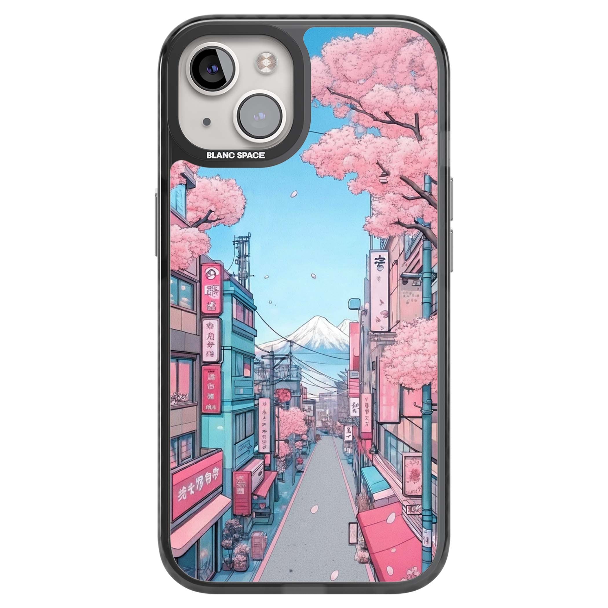 Sakura Lane anime iPhone case featuring Tokyo street scene with cherry blossoms and Mount Fuji | Black Impact case for iPhone 13, iPhone 14, iPhone 15