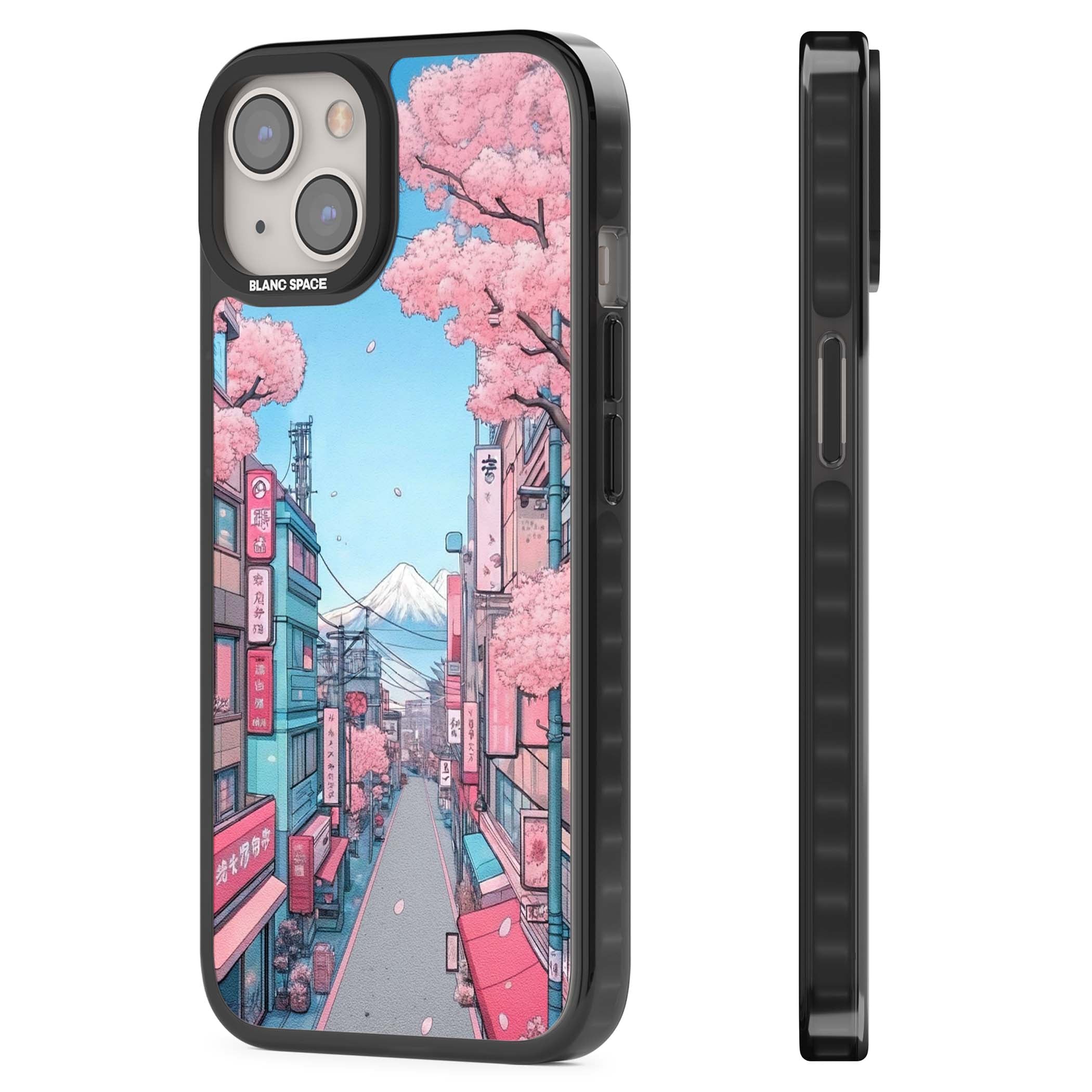 Sakura Lane anime iPhone case featuring Tokyo street scene with cherry blossoms and Mount Fuji | Black Impact case for iPhone 13, iPhone 14, iPhone 15