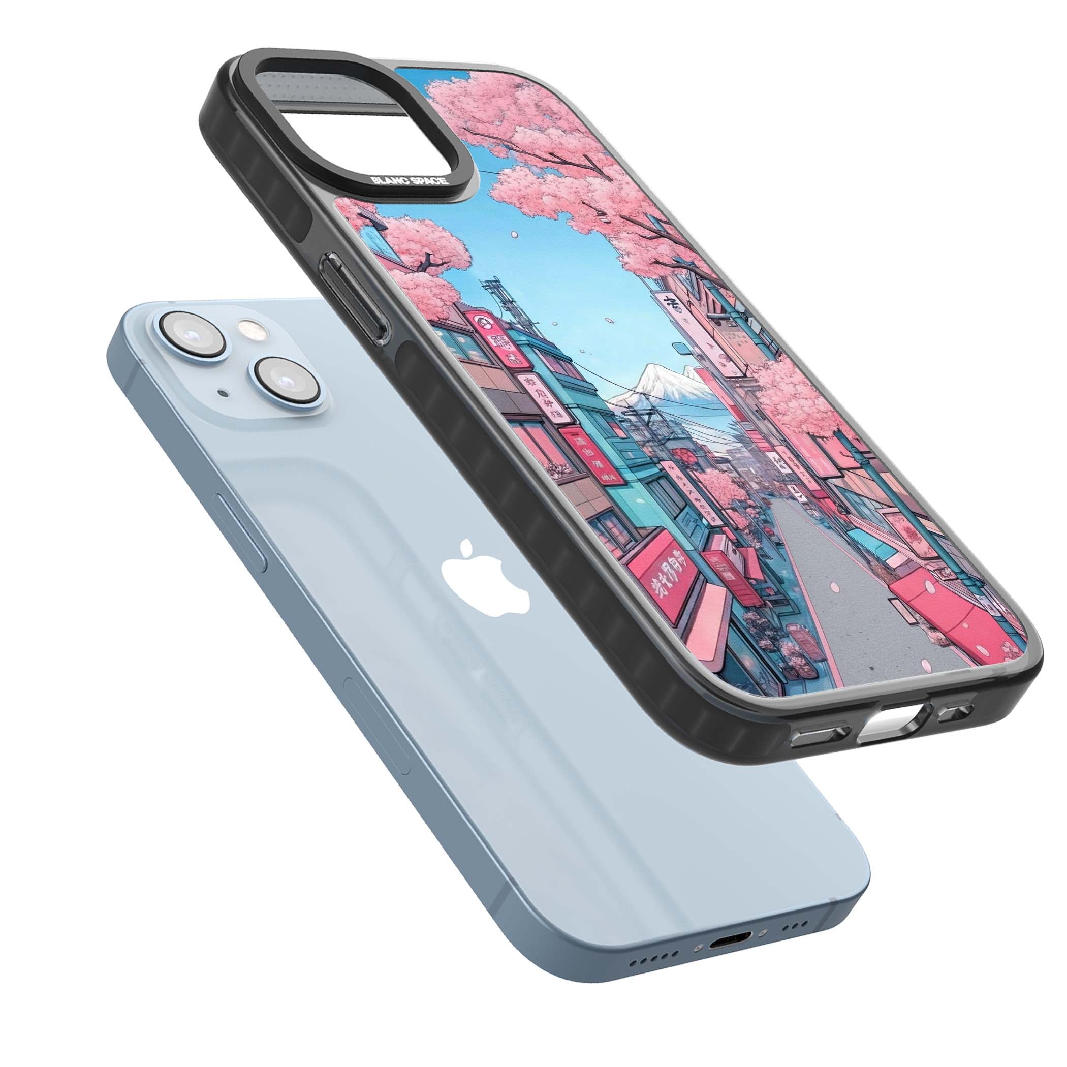 Sakura Lane anime iPhone case featuring Tokyo street scene with cherry blossoms and Mount Fuji | Black Impact case for iPhone 13, iPhone 14, iPhone 15