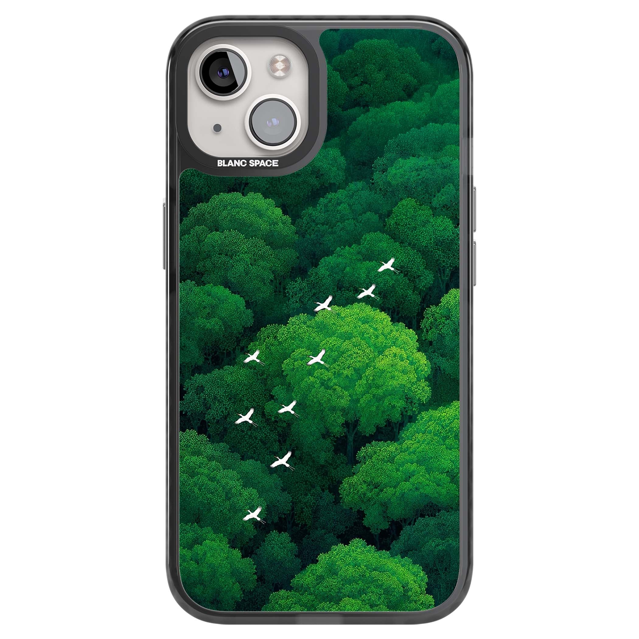 Grove Migration forest iPhone case featuring white cranes flying over lush green treetop canopy | Black Impact case for iPhone 13, iPhone 14, iPhone 15