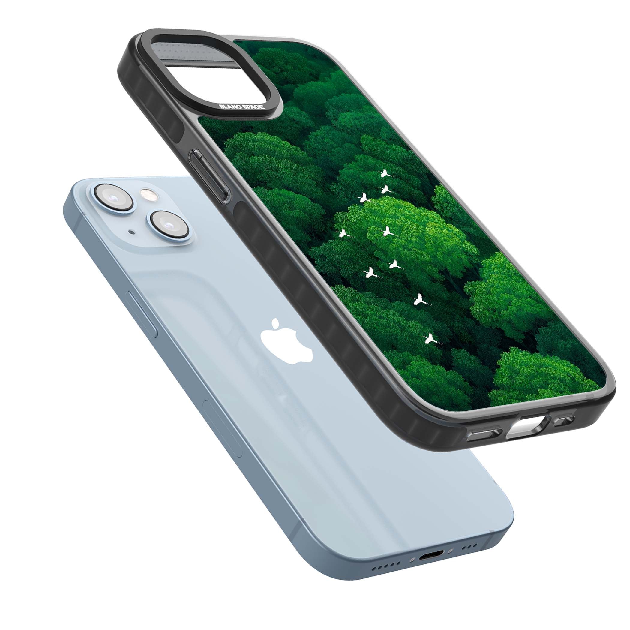 Grove Migration forest iPhone case featuring white cranes flying over lush green treetop canopy | Black Impact case for iPhone 13, iPhone 14, iPhone 15