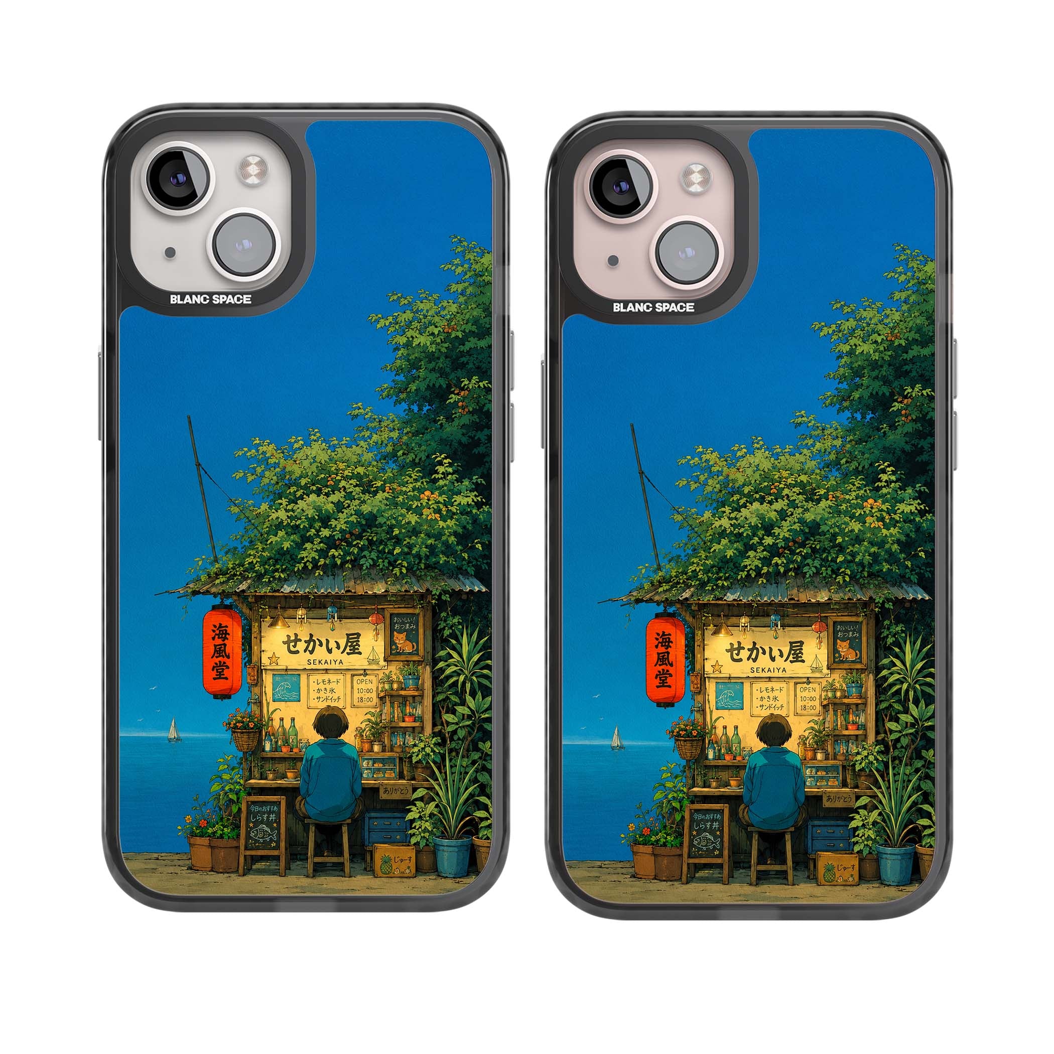 The Shirahama Kiosk anime iPhone case featuring a Japanese seaside shop, red paper lantern and ocean view | Black Impact case for iPhone 13, iPhone 14, iPhone 15