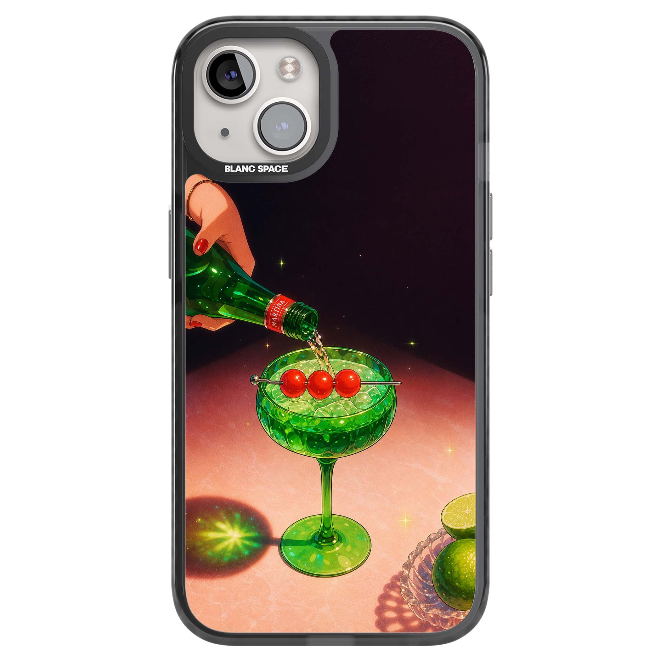Absinthe Hour cocktail iPhone case featuring a green coupe glass, cherry garnish and vintage bottle pour illustration | Black Impact case for iPhone 13, iPhone 14, iPhone 15