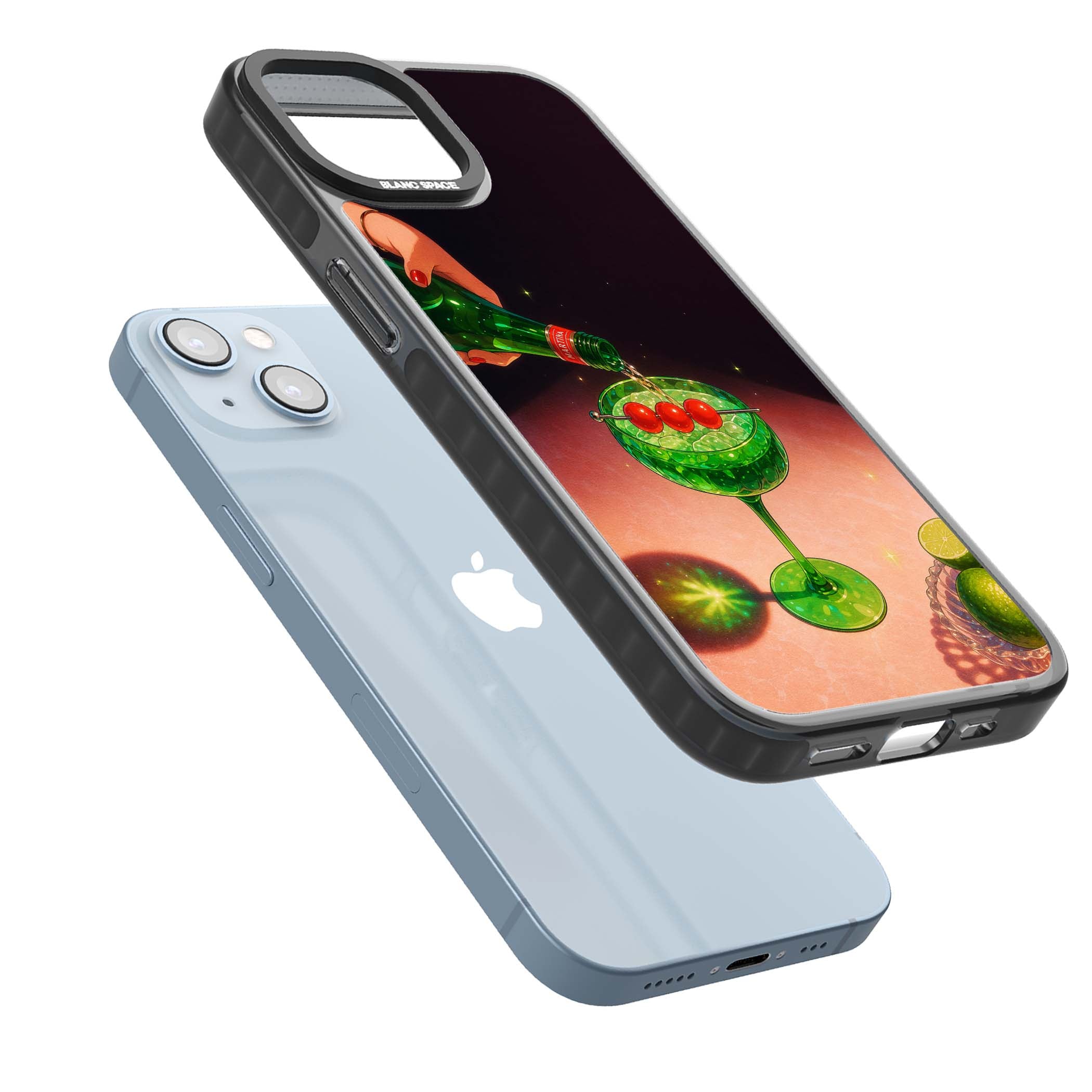 Absinthe Hour cocktail iPhone case featuring a green coupe glass, cherry garnish and vintage bottle pour illustration | Black Impact case for iPhone 13, iPhone 14, iPhone 15