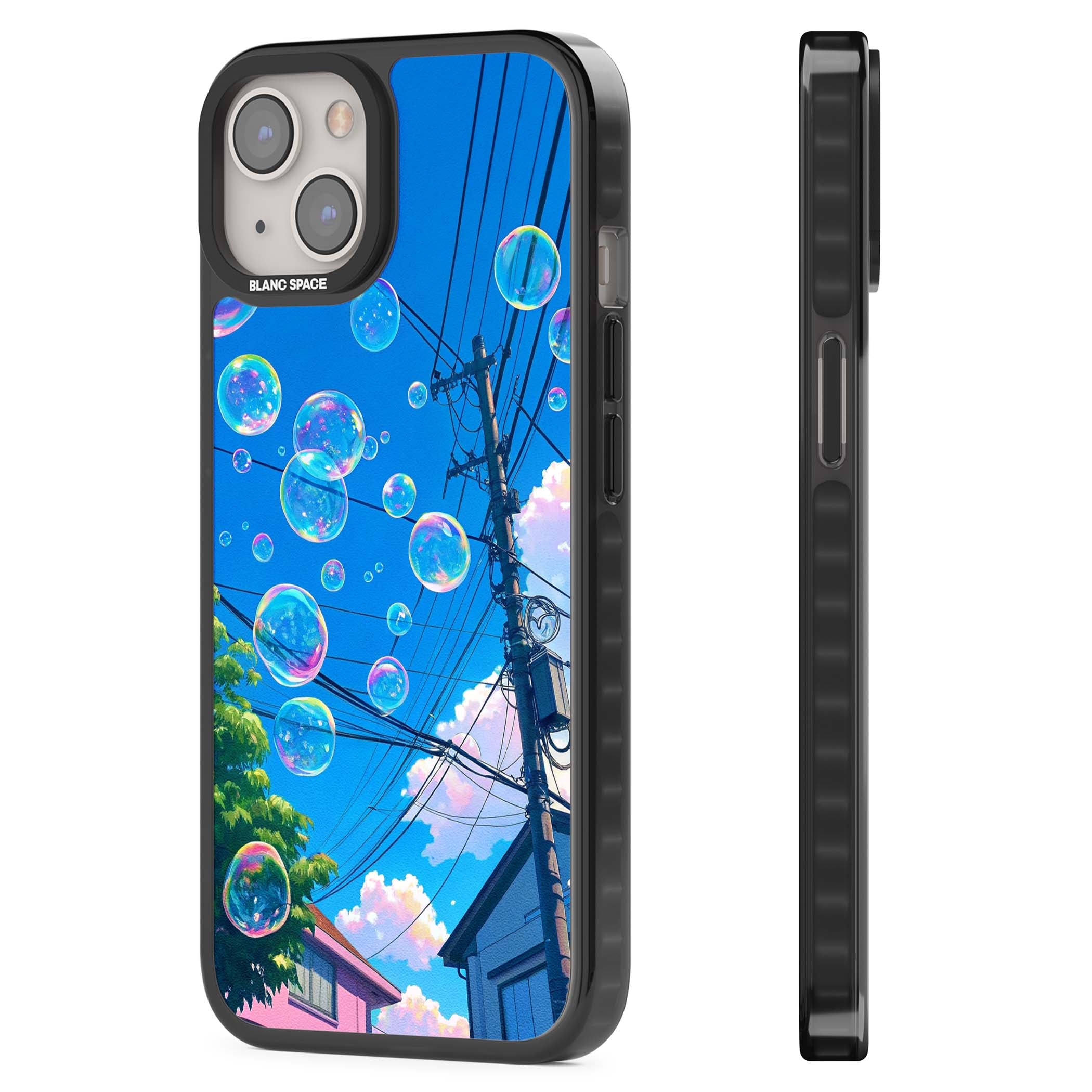Suburban Bubbles anime iPhone case featuring iridescent soap bubbles, blue sky and Japanese telephone wires | Black Impact case for iPhone 13, iPhone 14, iPhone 15