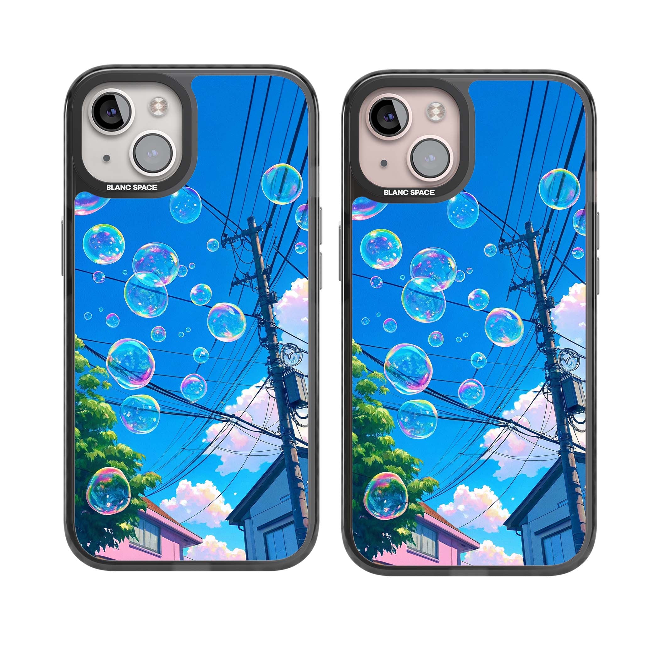 Suburban Bubbles anime iPhone case featuring iridescent soap bubbles, blue sky and Japanese telephone wires | Black Impact case for iPhone 13, iPhone 14, iPhone 15