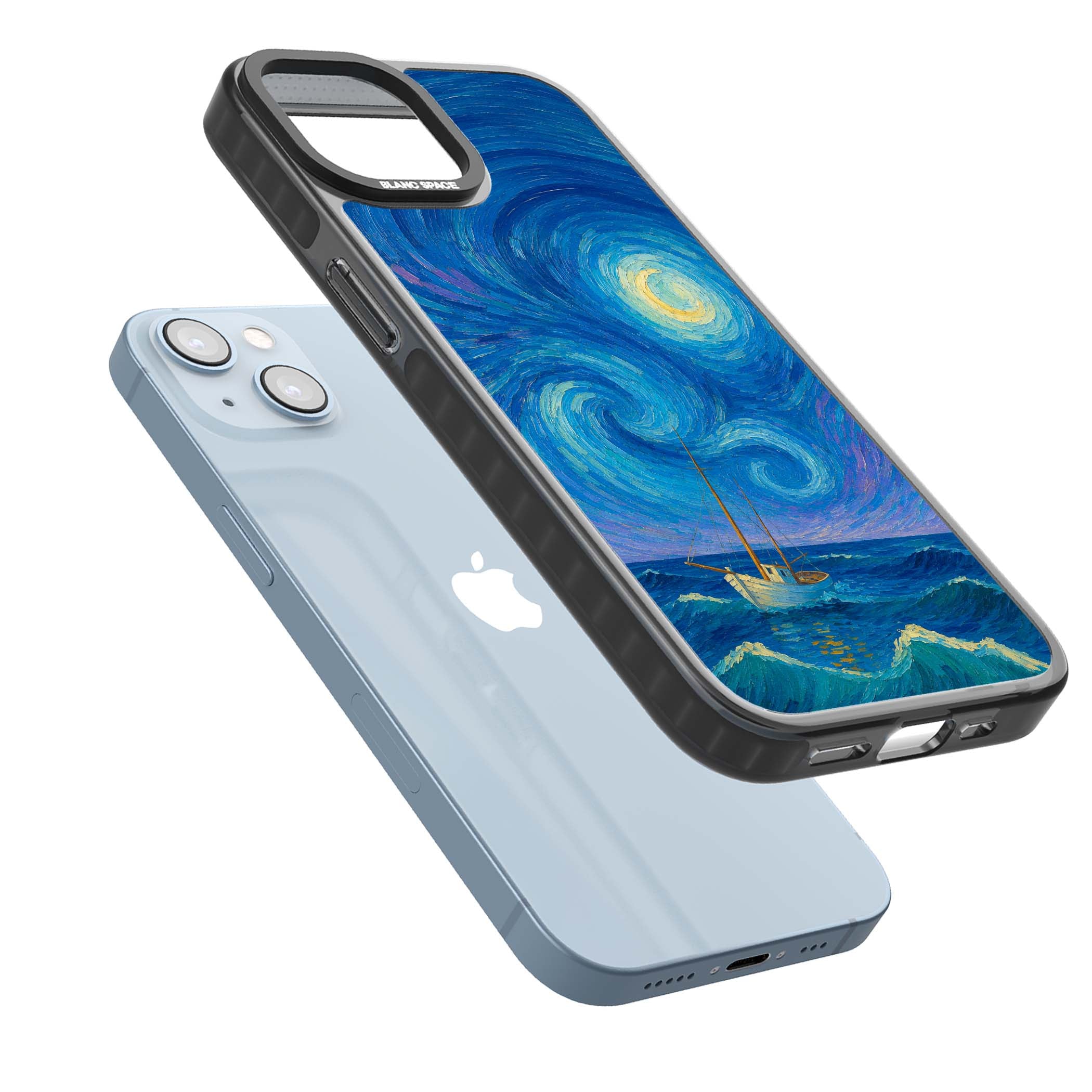 Moonlit Tide Van Gogh art iPhone case featuring swirling starry night sky, glowing moon and lone sailing boat at sea | Black Impact case for iPhone 13, iPhone 14, iPhone 15